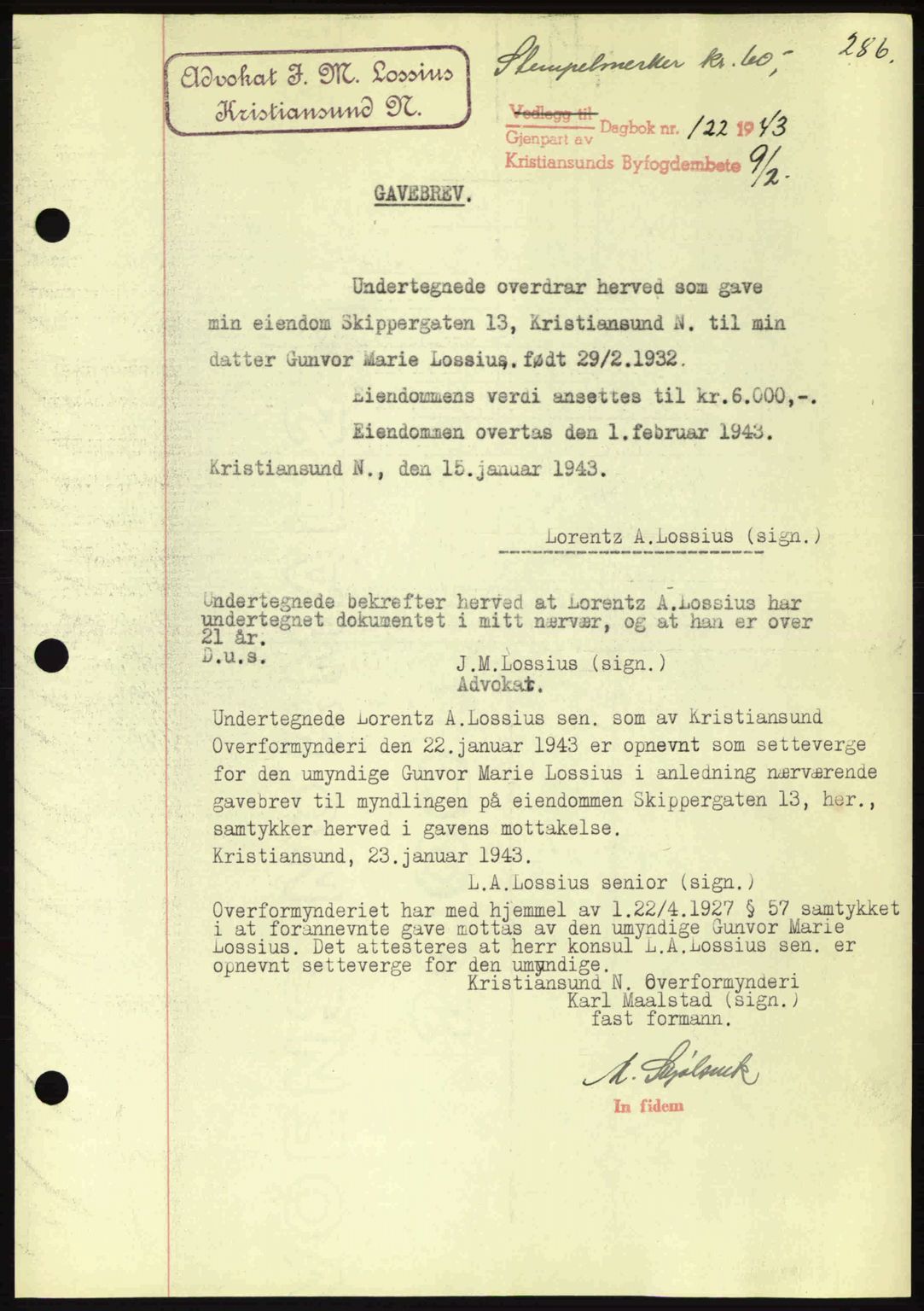 Kristiansund byfogd, AV/SAT-A-4587/A/27: Pantebok nr. 34, 1941-1945, Dagboknr: 122/1943