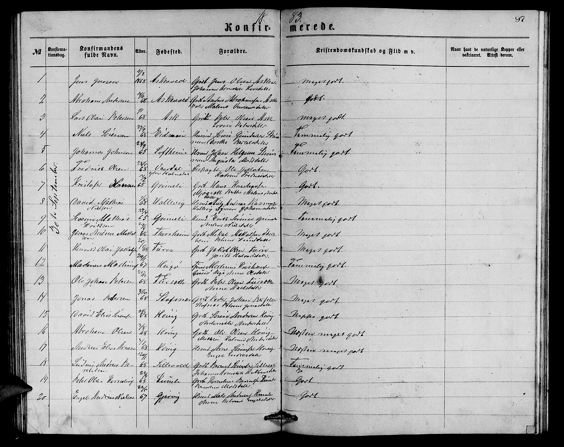 Askvoll sokneprestembete, AV/SAB-A-79501/H/Hab/Haba/L0002: Klokkerbok nr. A 2, 1873-1885, s. 97