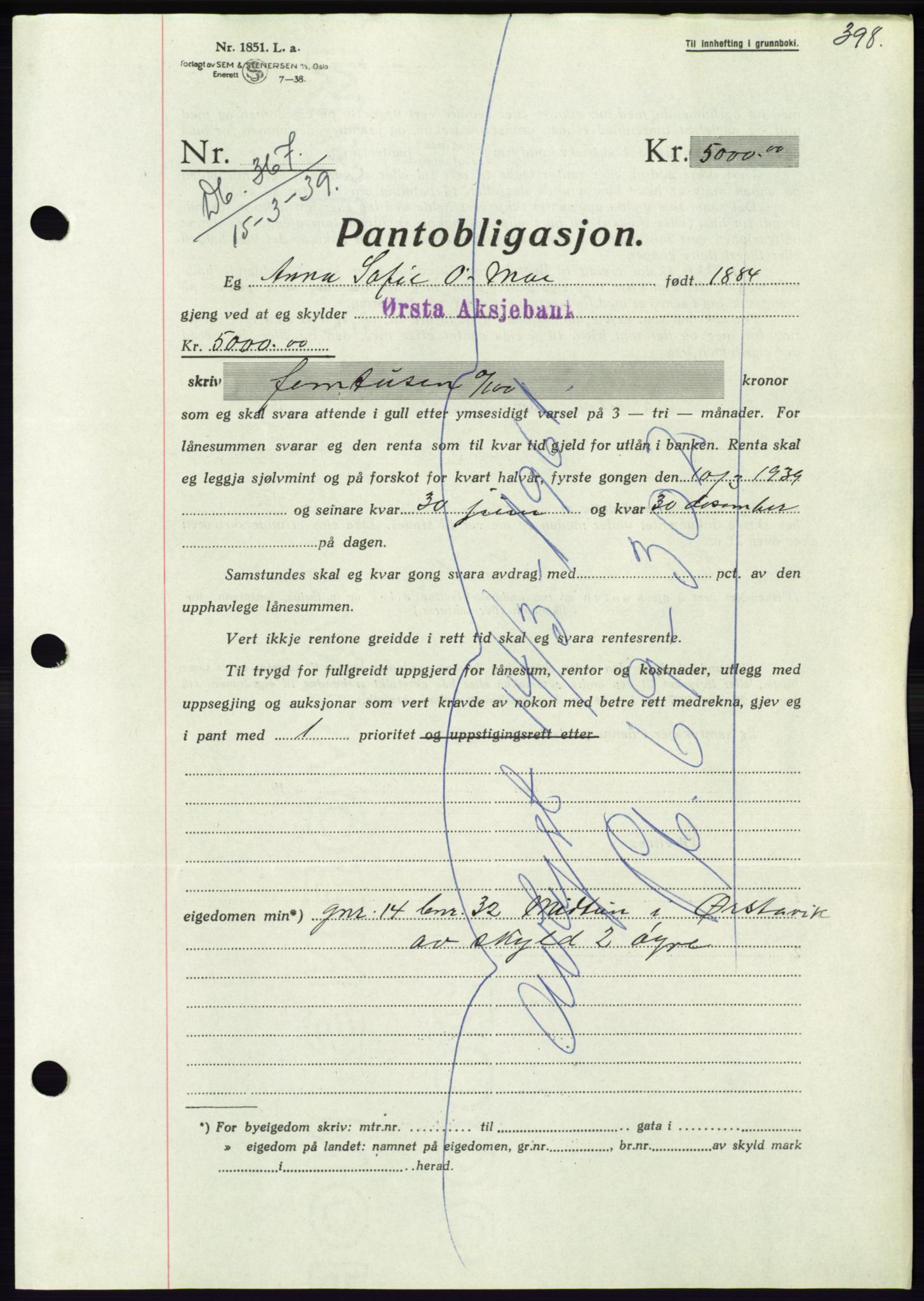 Søre Sunnmøre sorenskriveri, AV/SAT-A-4122/1/2/2C/L0067: Pantebok nr. 61, 1938-1939, Dagboknr: 367/1939