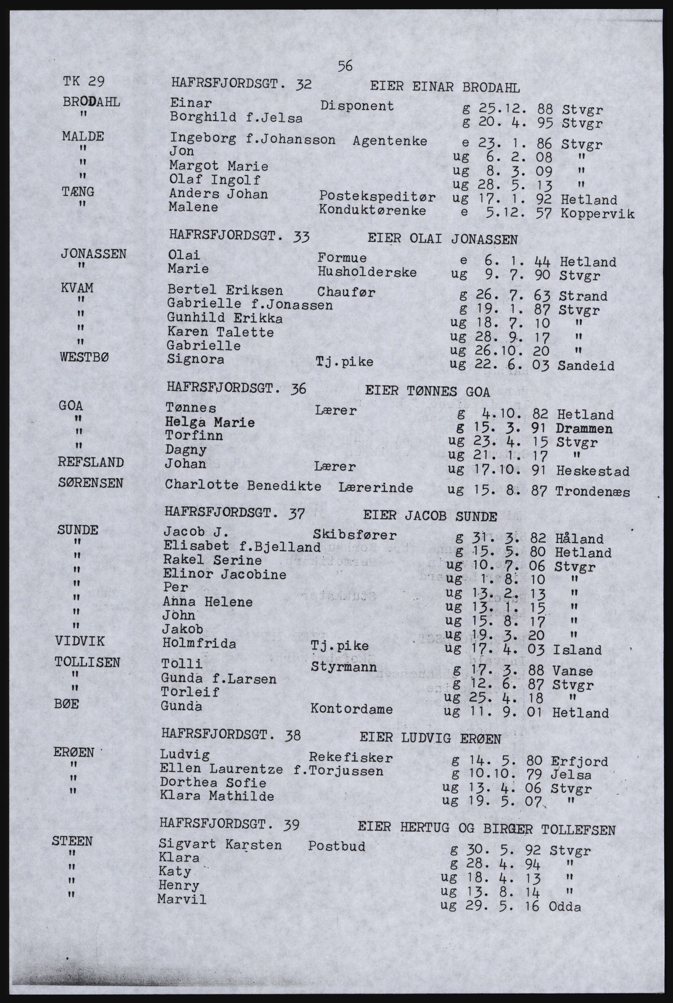 SAST, Avskrift av folketellingen 1920 for Stavanger kjøpstad, 1920, s. 62