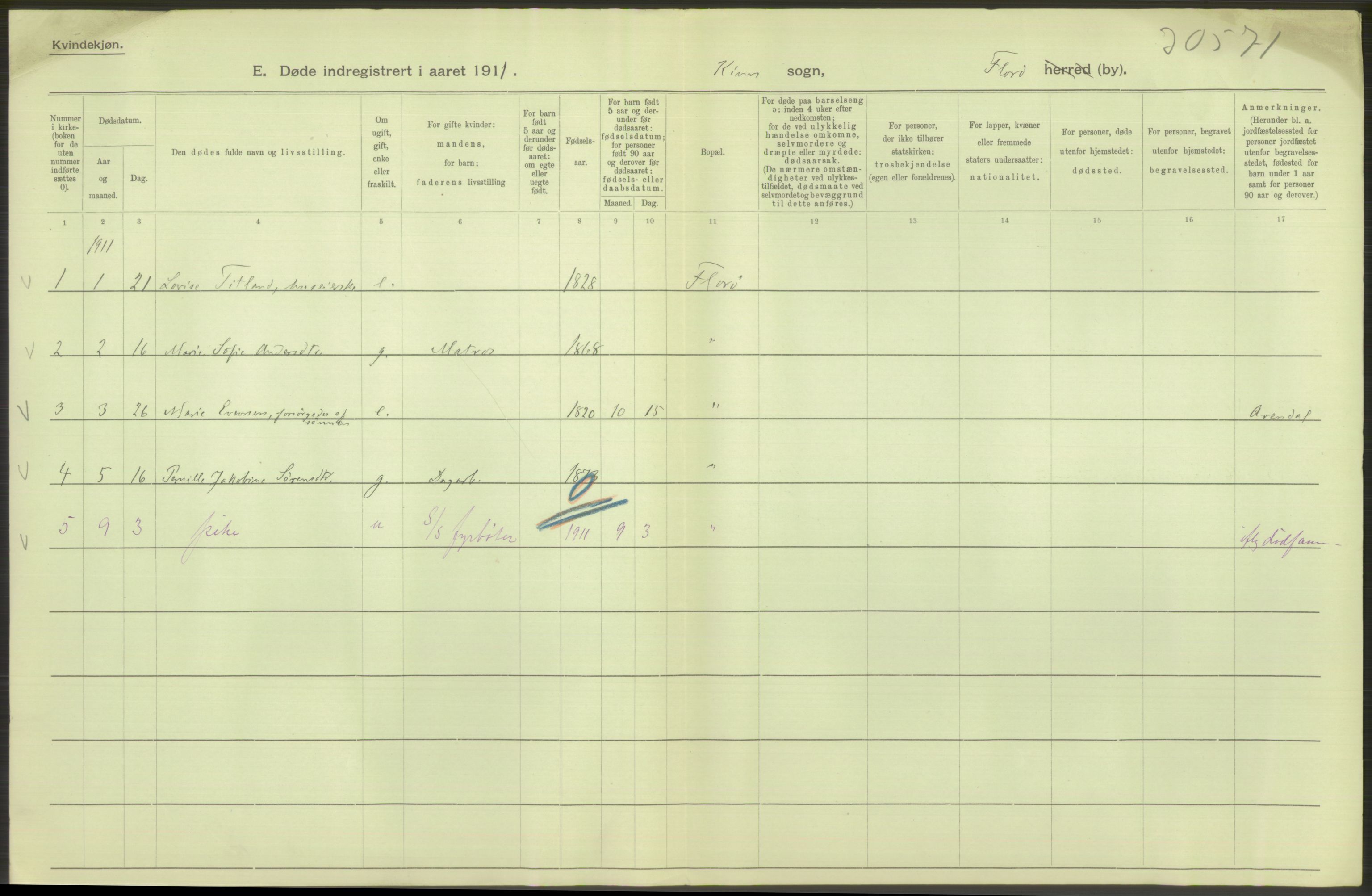 Statistisk sentralbyrå, Sosiodemografiske emner, Befolkning, AV/RA-S-2228/D/Df/Dfb/Dfba/L0035: Florø by:  Levendefødte menn og kvinner, gifte, døde, dødfødte., 1911, s. 18