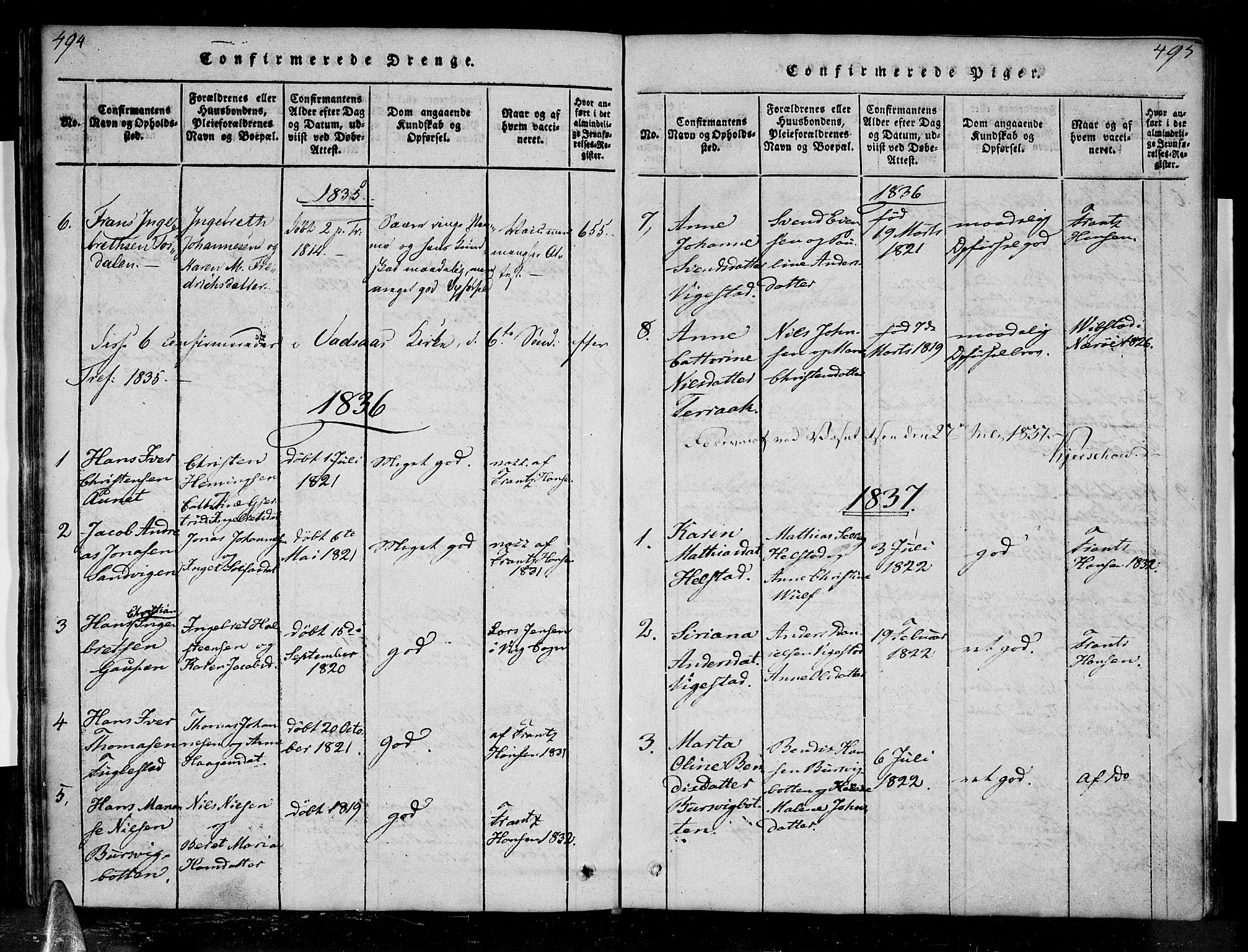 Ministerialprotokoller, klokkerbøker og fødselsregistre - Nordland, SAT/A-1459/810/L0142: Ministerialbok nr. 810A06 /1, 1819-1841, s. 494-495