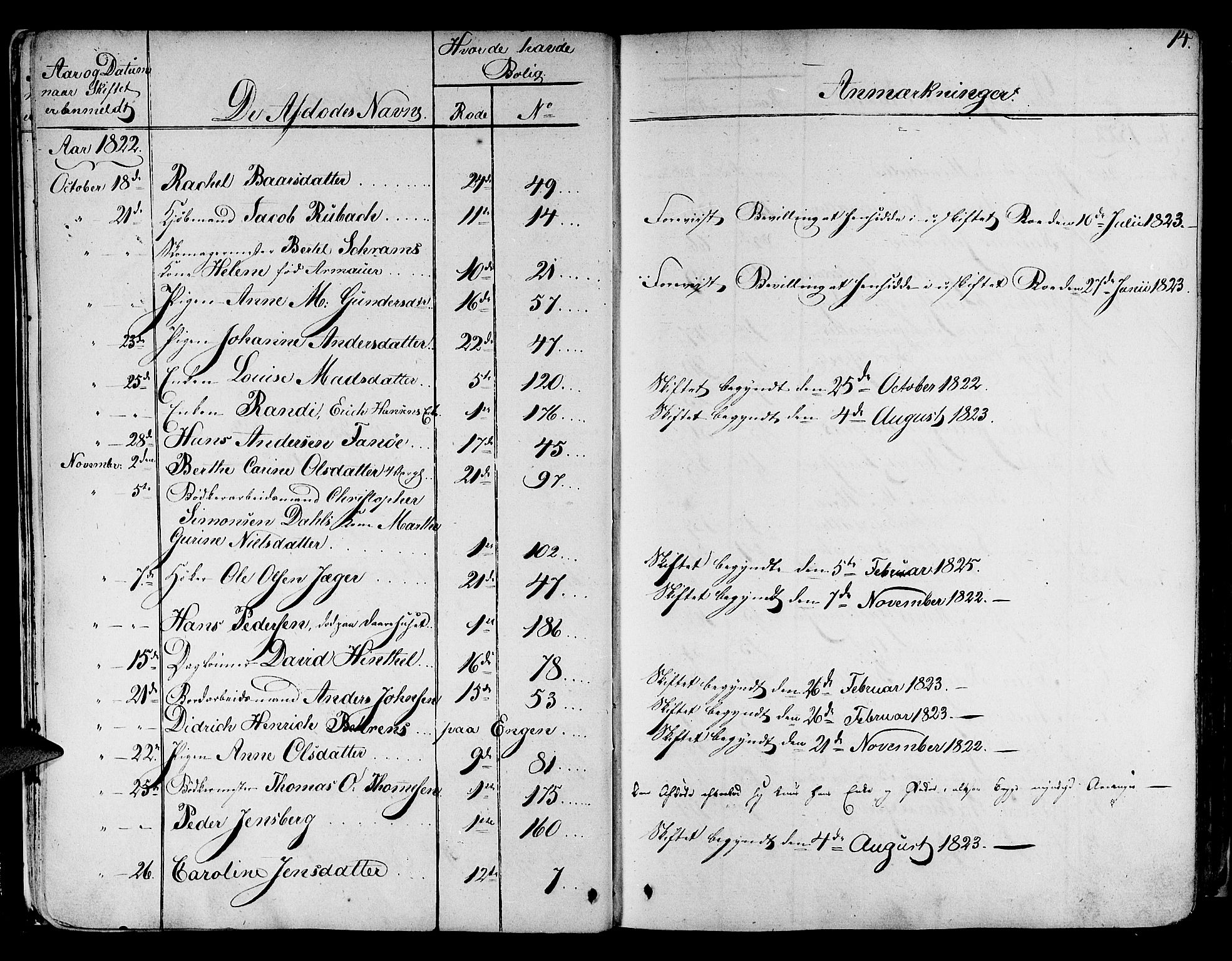 Byfogd og Byskriver i Bergen, AV/SAB-A-3401/06/06Na/L0001: Dødsfallsjournaler, 1821-1847, s. 13b-14a