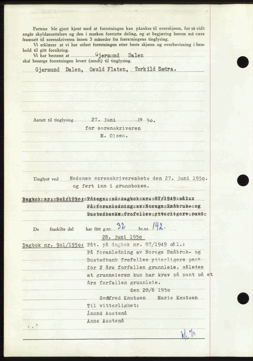 Nedenes sorenskriveri, SAK/1221-0006/G/Gb/Gba/L0062: Pantebok nr. A14, 1949-1950, Dagboknr: 900/1950
