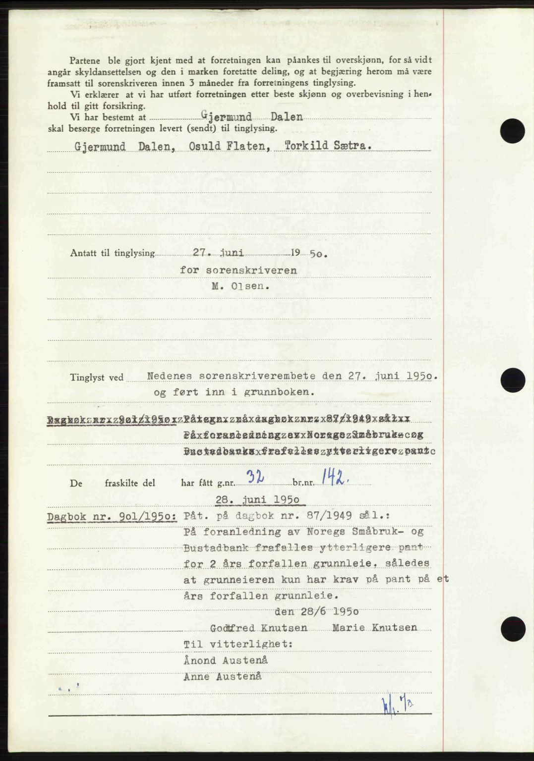 Nedenes sorenskriveri, AV/SAK-1221-0006/G/Gb/Gba/L0062: Pantebok nr. A14, 1949-1950, Dagboknr: 900/1950