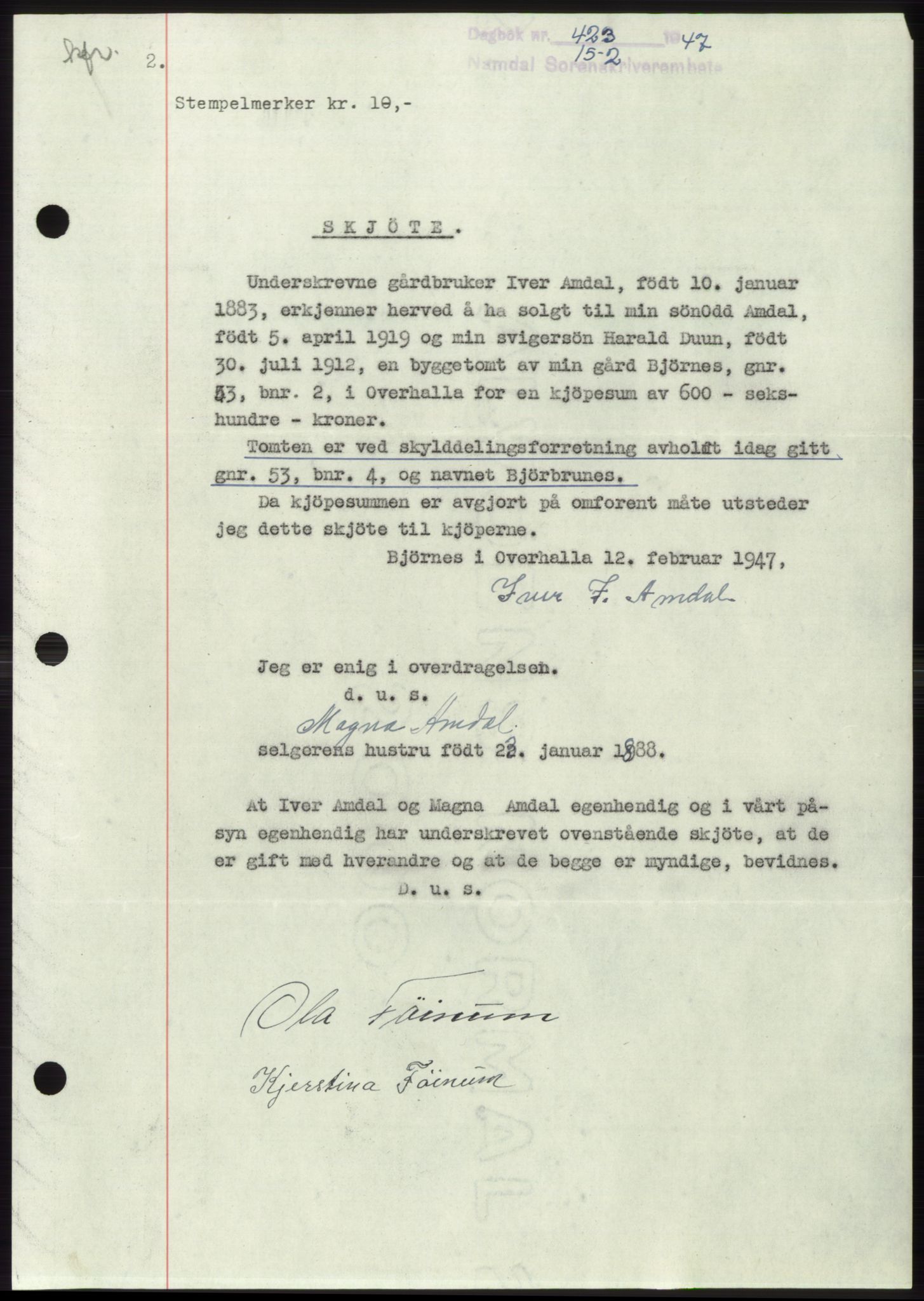 Namdal sorenskriveri, SAT/A-4133/1/2/2C: Pantebok nr. -, 1946-1947, Dagboknr: 423/1947