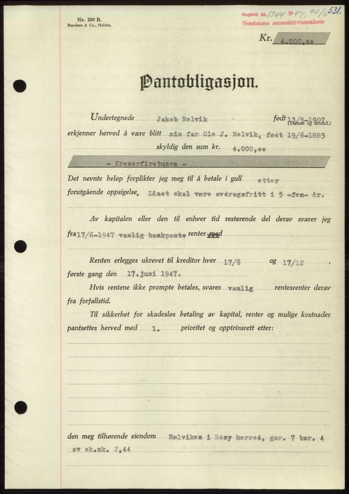 Nordmøre sorenskriveri, AV/SAT-A-4132/1/2/2Ca: Pantebok nr. B96, 1947-1947, Dagboknr: 1344/1947