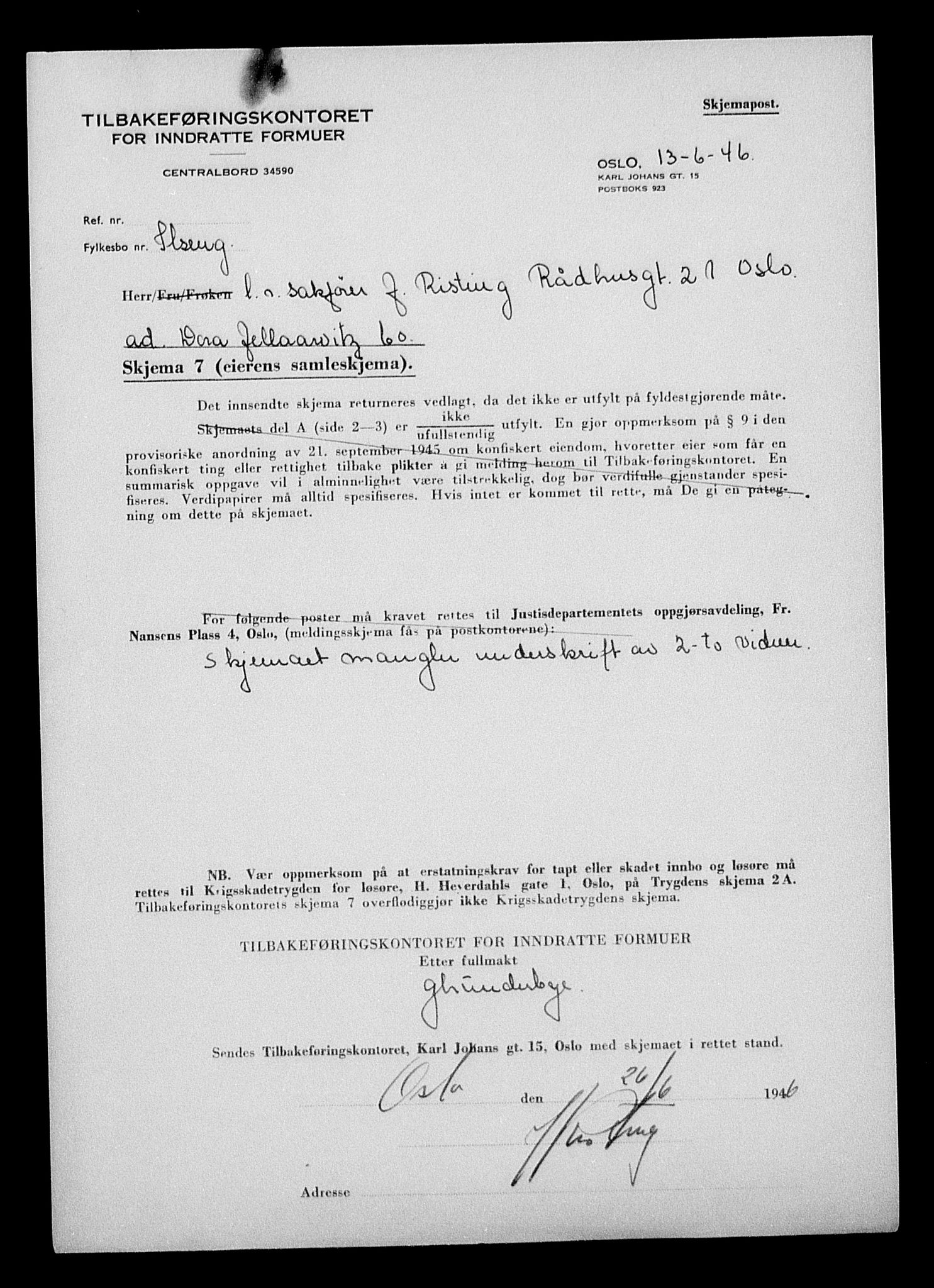 Justisdepartementet, Tilbakeføringskontoret for inndratte formuer, AV/RA-S-1564/H/Hc/Hcc/L0948: --, 1945-1947, s. 29
