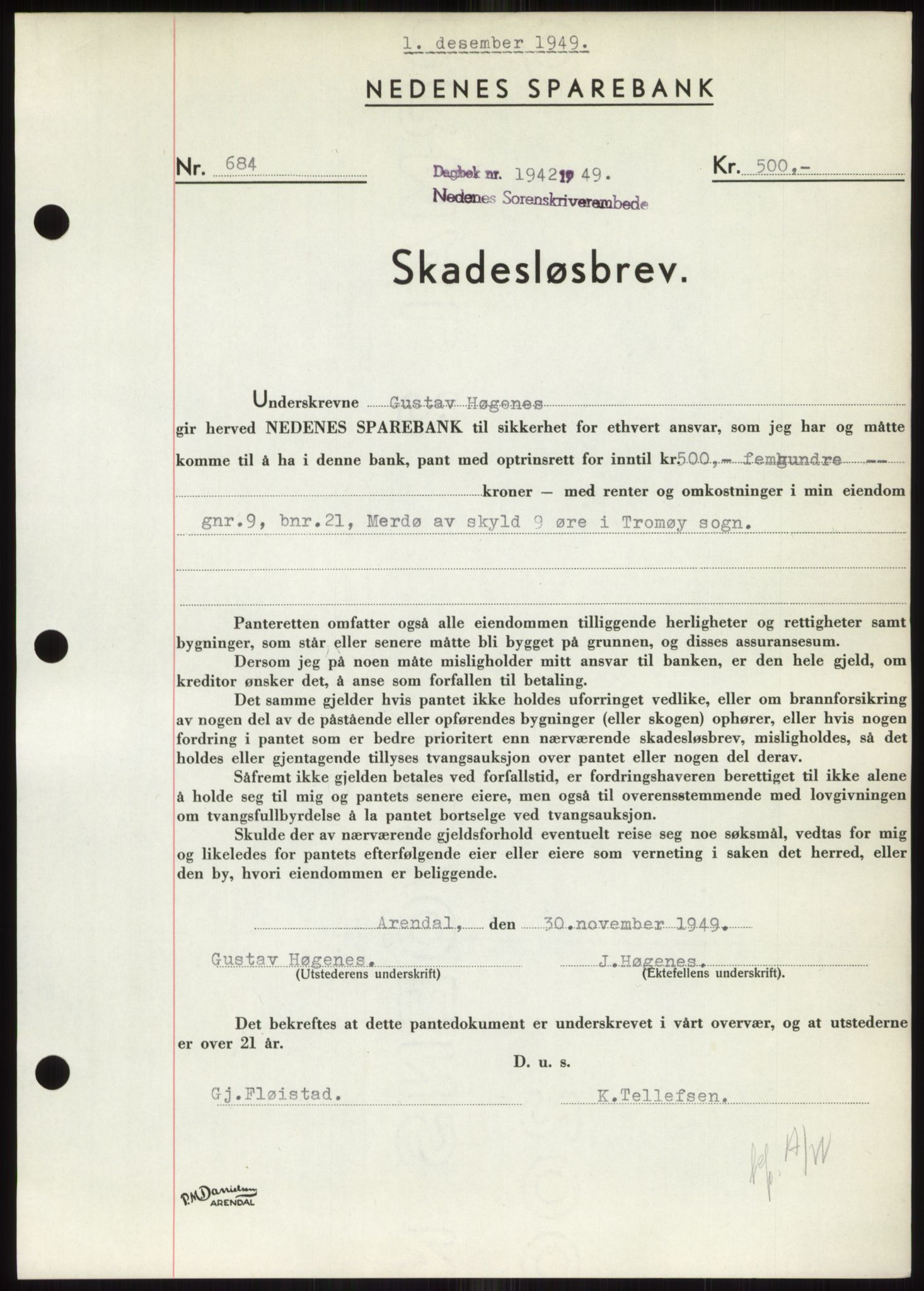 Nedenes sorenskriveri, SAK/1221-0006/G/Gb/Gbb/L0007: Pantebok nr. B7, 1949-1950, Dagboknr: 1942/1949
