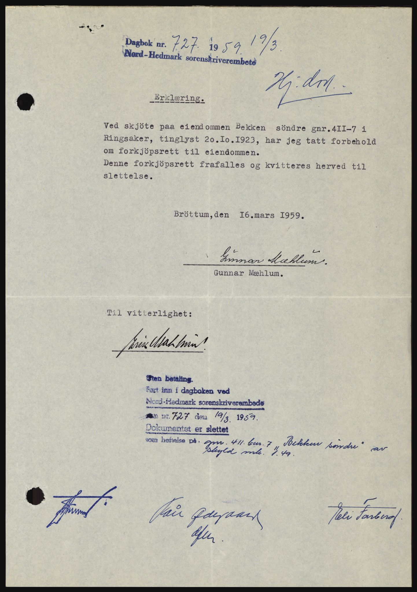 Nord-Hedmark sorenskriveri, SAH/TING-012/H/Hc/L0013: Pantebok nr. 13, 1959-1960, Dagboknr: 727/1959