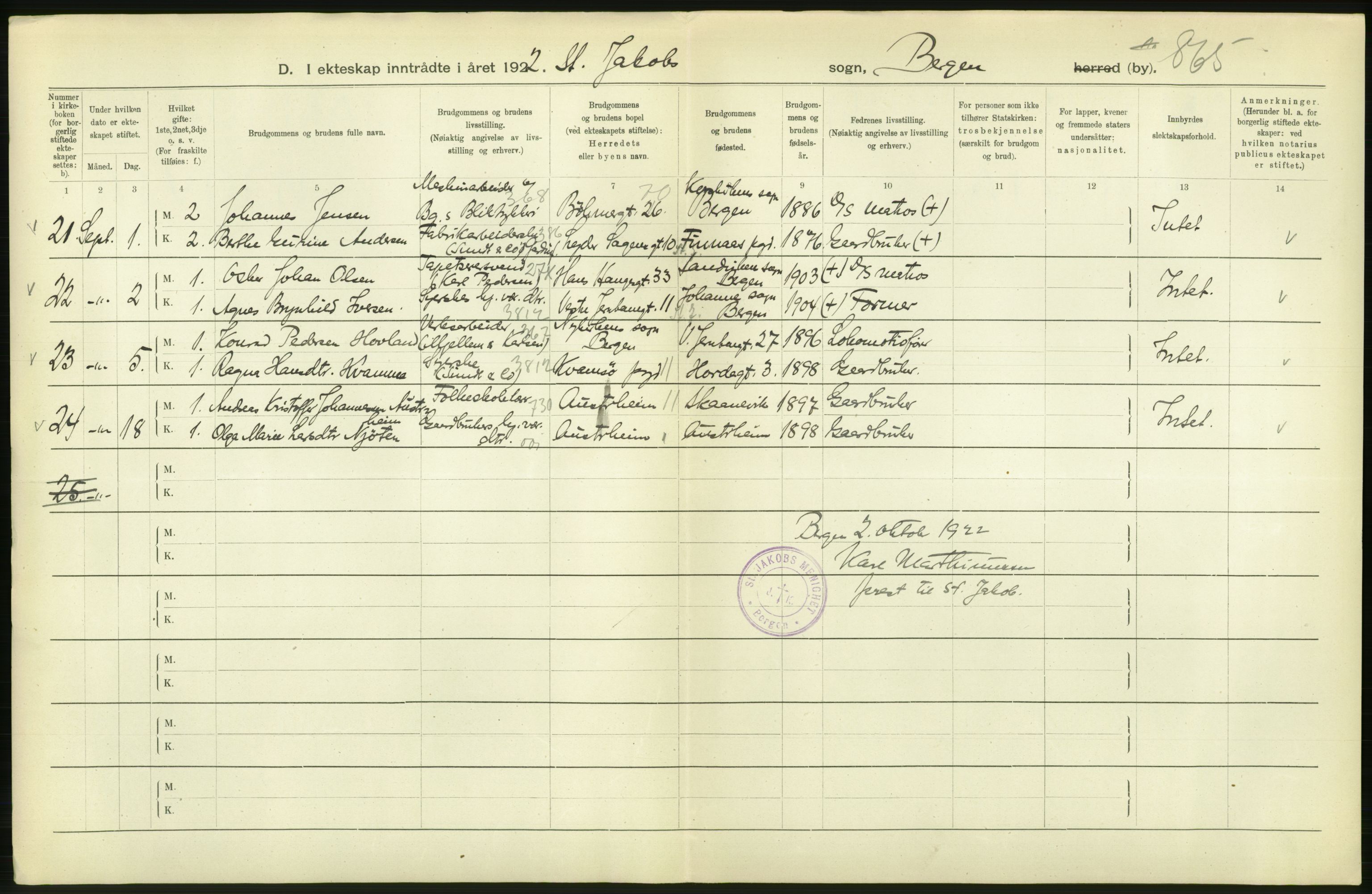 Statistisk sentralbyrå, Sosiodemografiske emner, Befolkning, AV/RA-S-2228/D/Df/Dfc/Dfcb/L0030: Bergen: Gifte, døde, dødfødte., 1922, s. 24