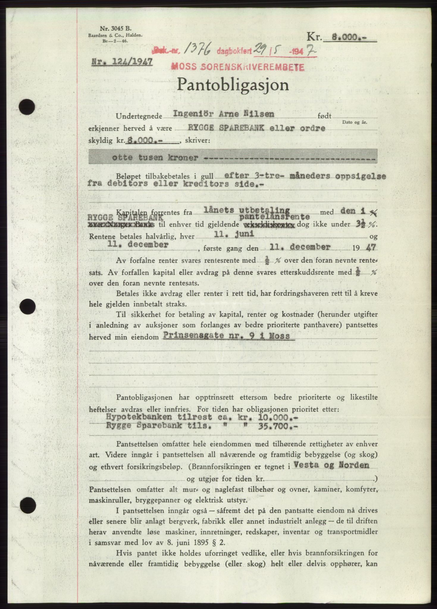Moss sorenskriveri, SAO/A-10168: Pantebok nr. B17, 1947-1947, Dagboknr: 1376/1947