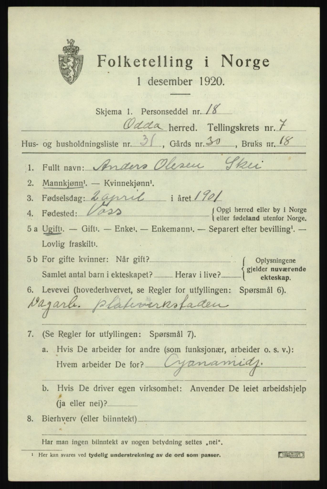 SAB, Folketelling 1920 for 1228 Odda herred, 1920, s. 5669