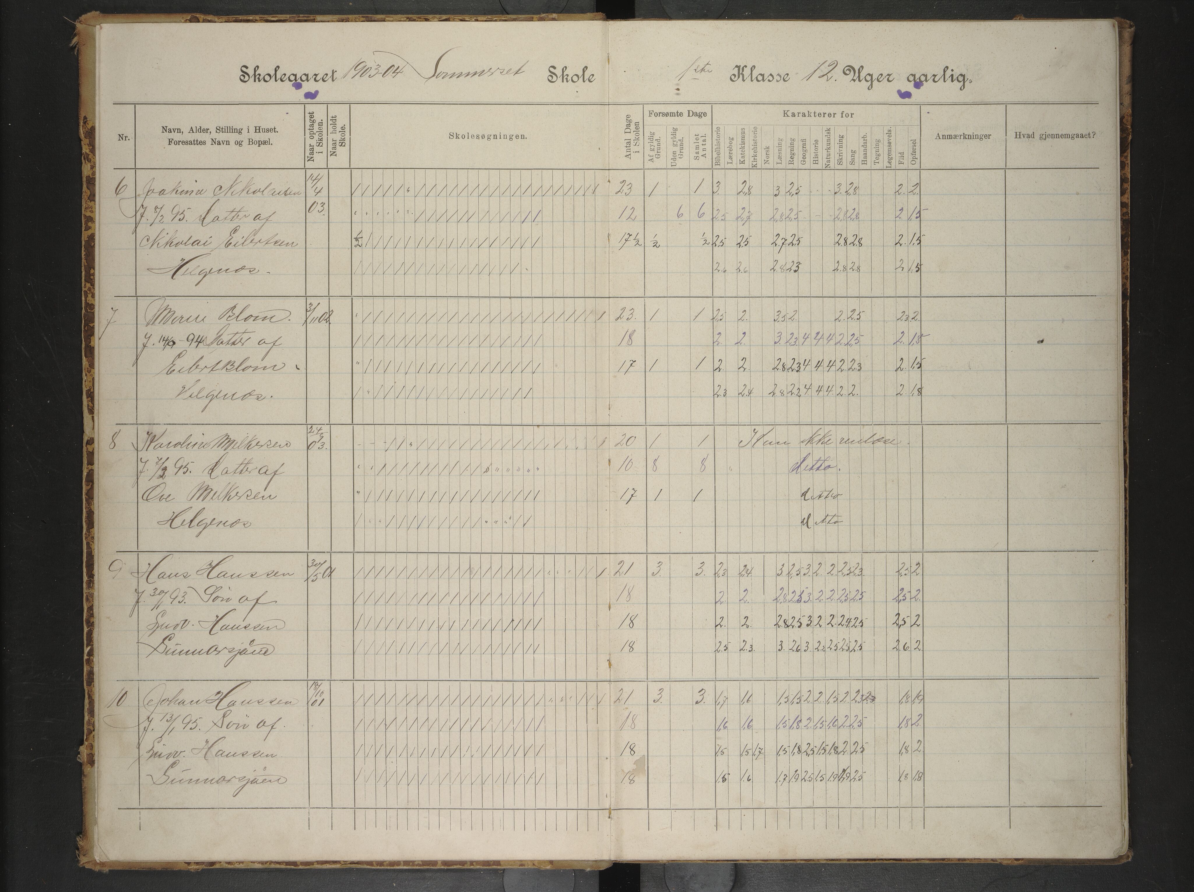 Hadsel kommune. Raftsund skoledistrikt, AIN/K-18660.510.35/F/L0009: Skoleprotokoll Sommerset skole, 1903-1909