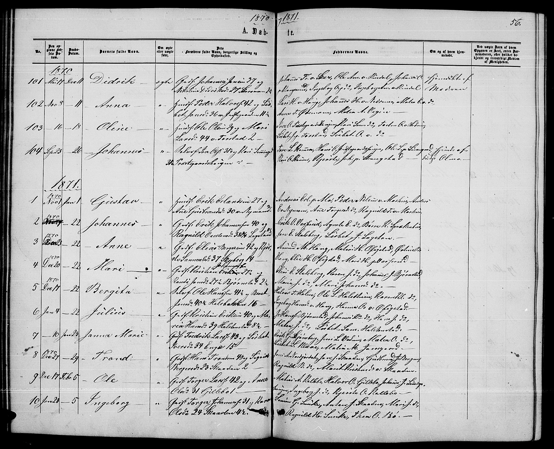 Øyer prestekontor, AV/SAH-PREST-084/H/Ha/Hab/L0001: Klokkerbok nr. 1, 1863-1877, s. 56