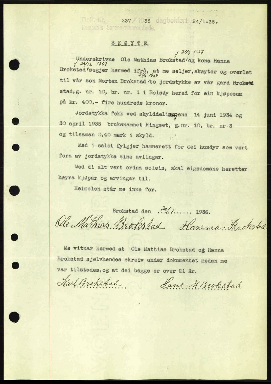Romsdal sorenskriveri, SAT/A-4149/1/2/2C: Pantebok nr. A1, 1936-1936, Dagboknr: 237/1936