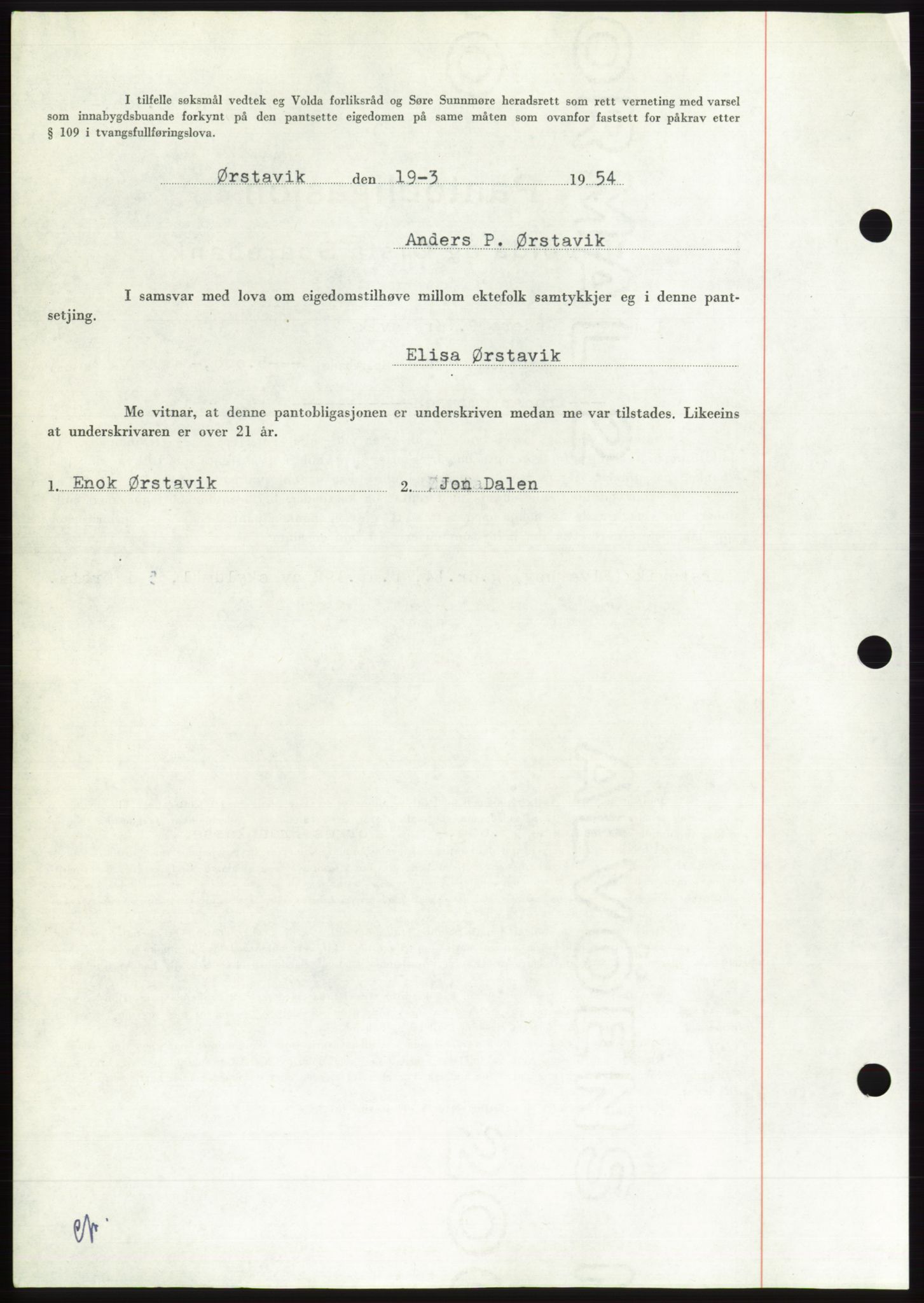 Søre Sunnmøre sorenskriveri, AV/SAT-A-4122/1/2/2C/L0124: Pantebok nr. 12B, 1953-1954, Dagboknr: 707/1954