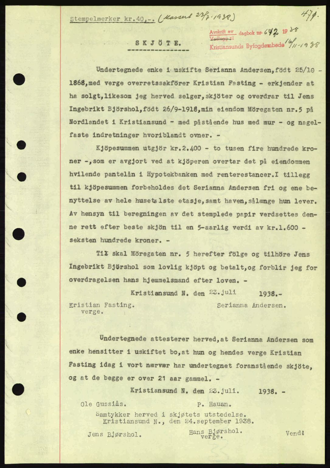 Kristiansund byfogd, AV/SAT-A-4587/A/27: Pantebok nr. 30, 1936-1941, Dagboknr: 842/1938