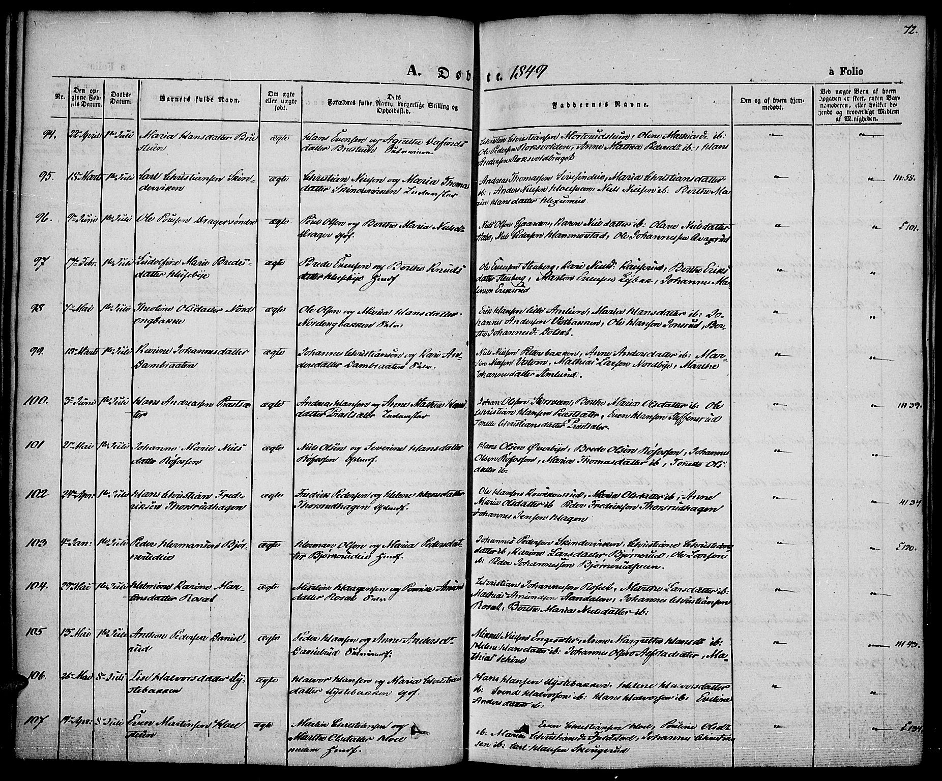 Vestre Toten prestekontor, SAH/PREST-108/H/Ha/Haa/L0004: Ministerialbok nr. 4, 1844-1849, s. 72