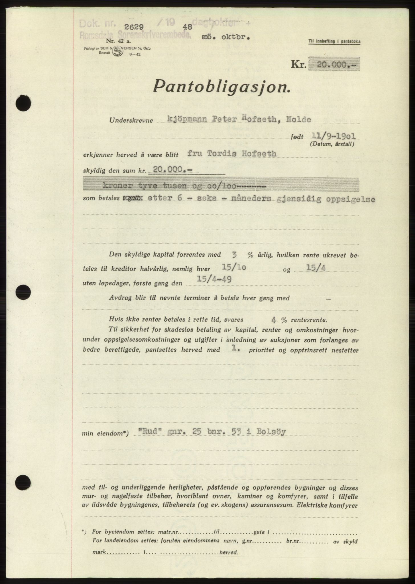 Romsdal sorenskriveri, SAT/A-4149/1/2/2C: Pantebok nr. B4, 1948-1949, Dagboknr: 2629/1948