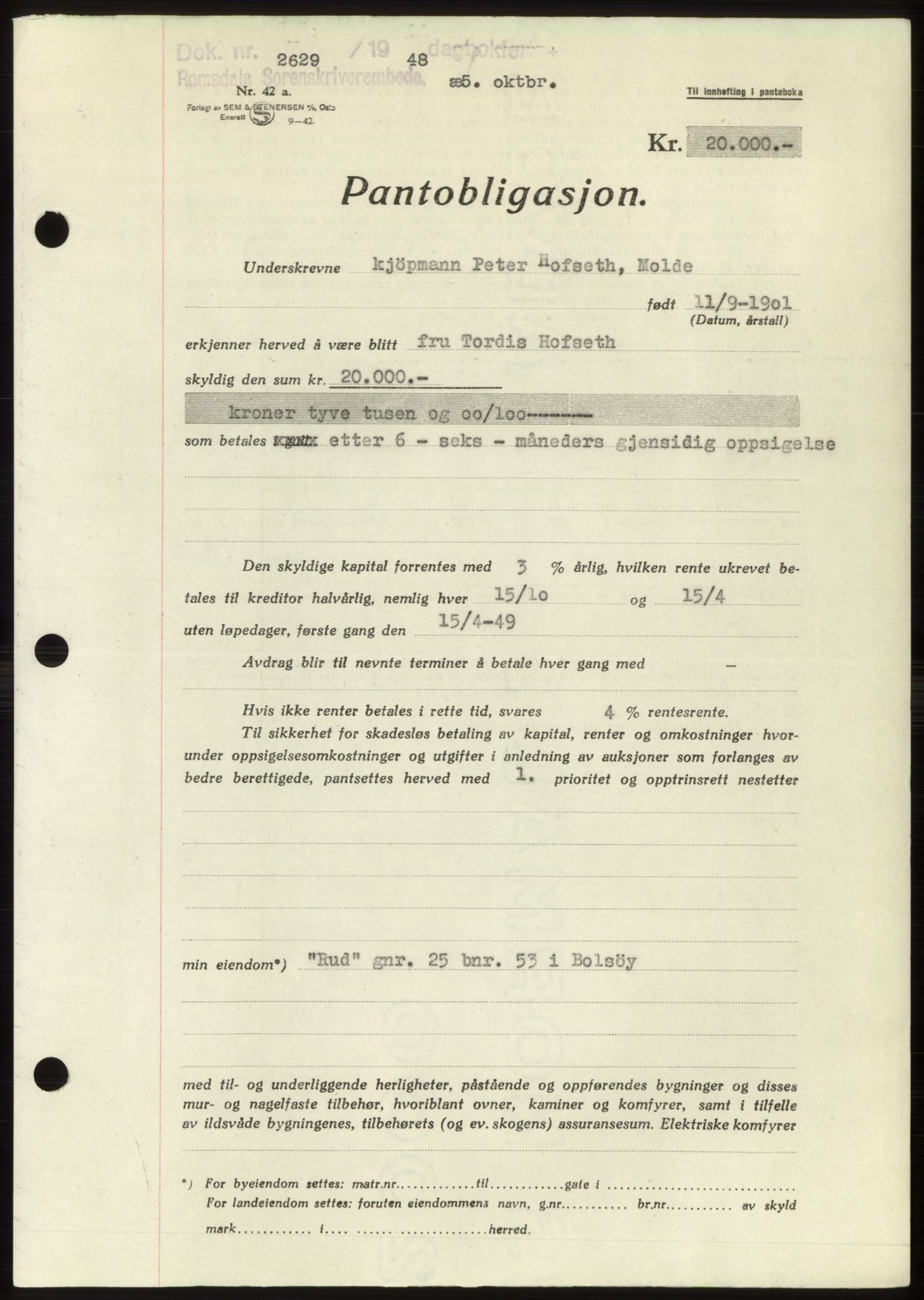 Romsdal sorenskriveri, AV/SAT-A-4149/1/2/2C: Pantebok nr. B4, 1948-1949, Dagboknr: 2629/1948