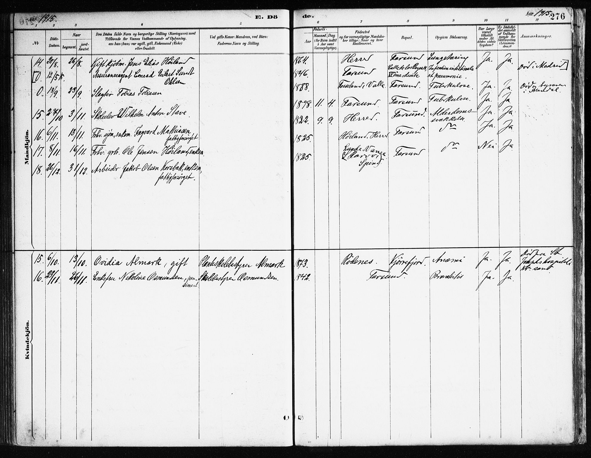Farsund sokneprestkontor, AV/SAK-1111-0009/F/Fa/L0006: Ministerialbok nr. A 6, 1887-1920, s. 276