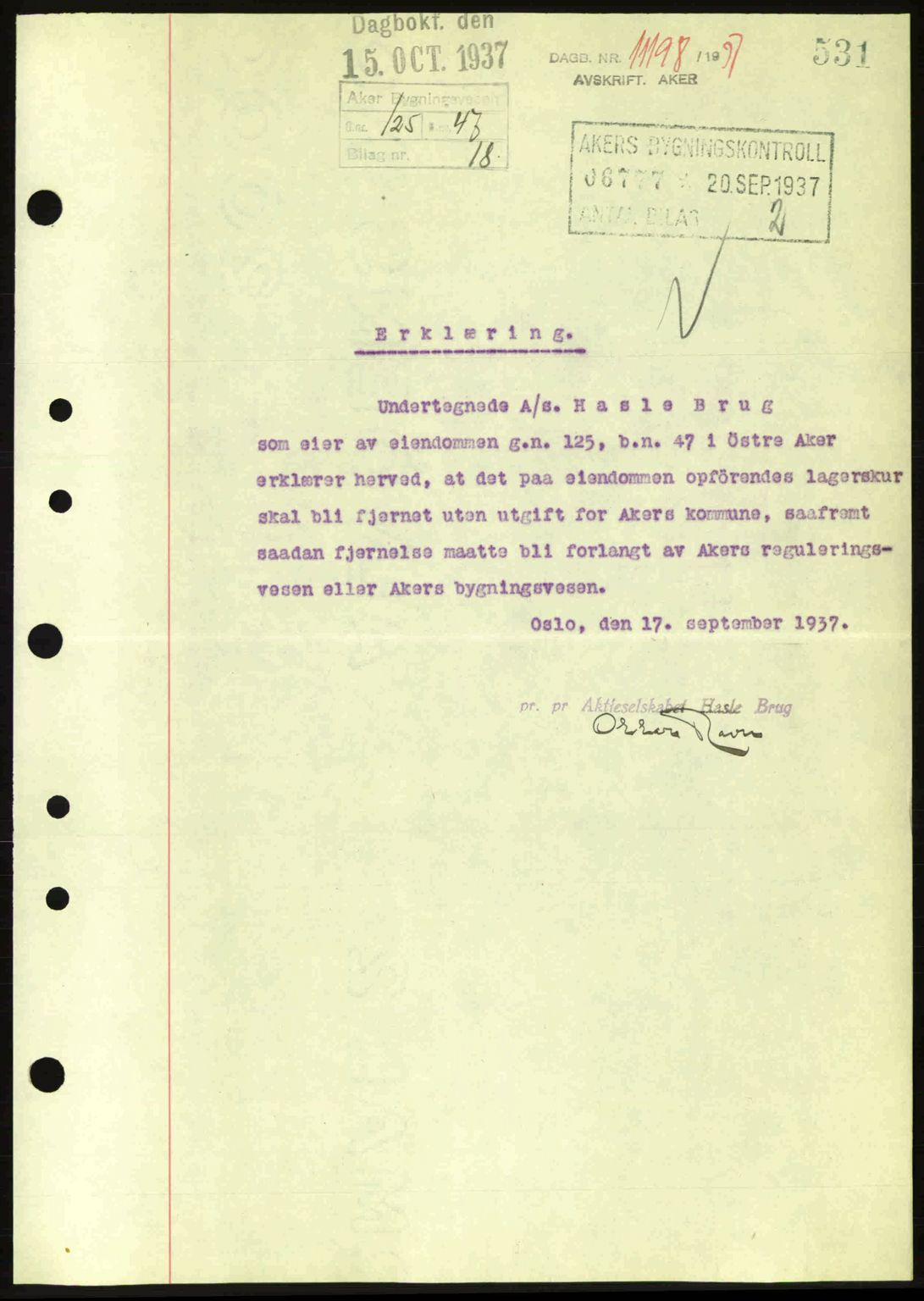 Aker herredsskriveri, SAO/A-10896/G/Gb/Gba/Gbab/L0017: Pantebok nr. A148, 1937-1937, Dagboknr: 11198/1937