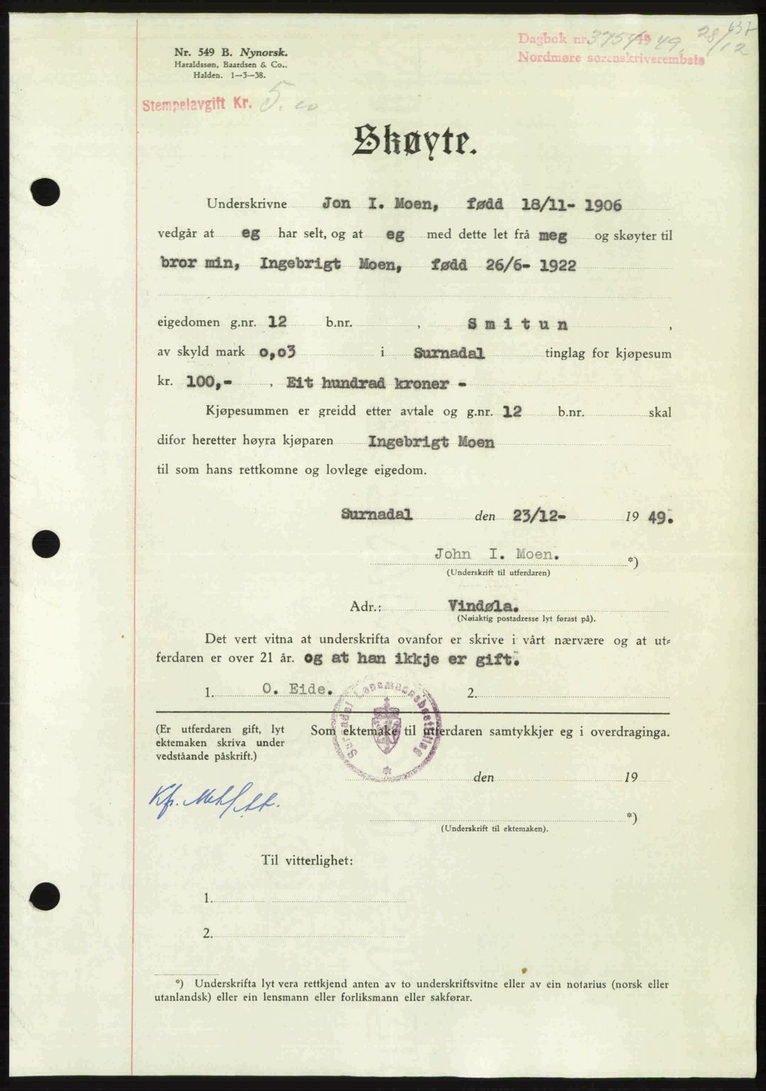 Nordmøre sorenskriveri, AV/SAT-A-4132/1/2/2Ca: Pantebok nr. A113, 1949-1950, Dagboknr: 3754/1949