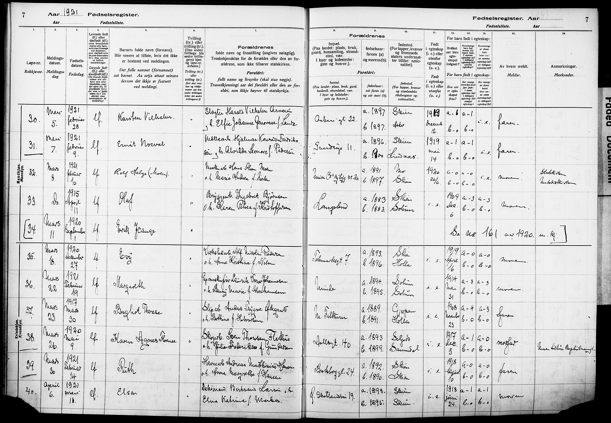 Skien kirkebøker, AV/SAKO-A-302/J/Ja/L0002: Fødselsregister nr. 2, 1921-1927, s. 7