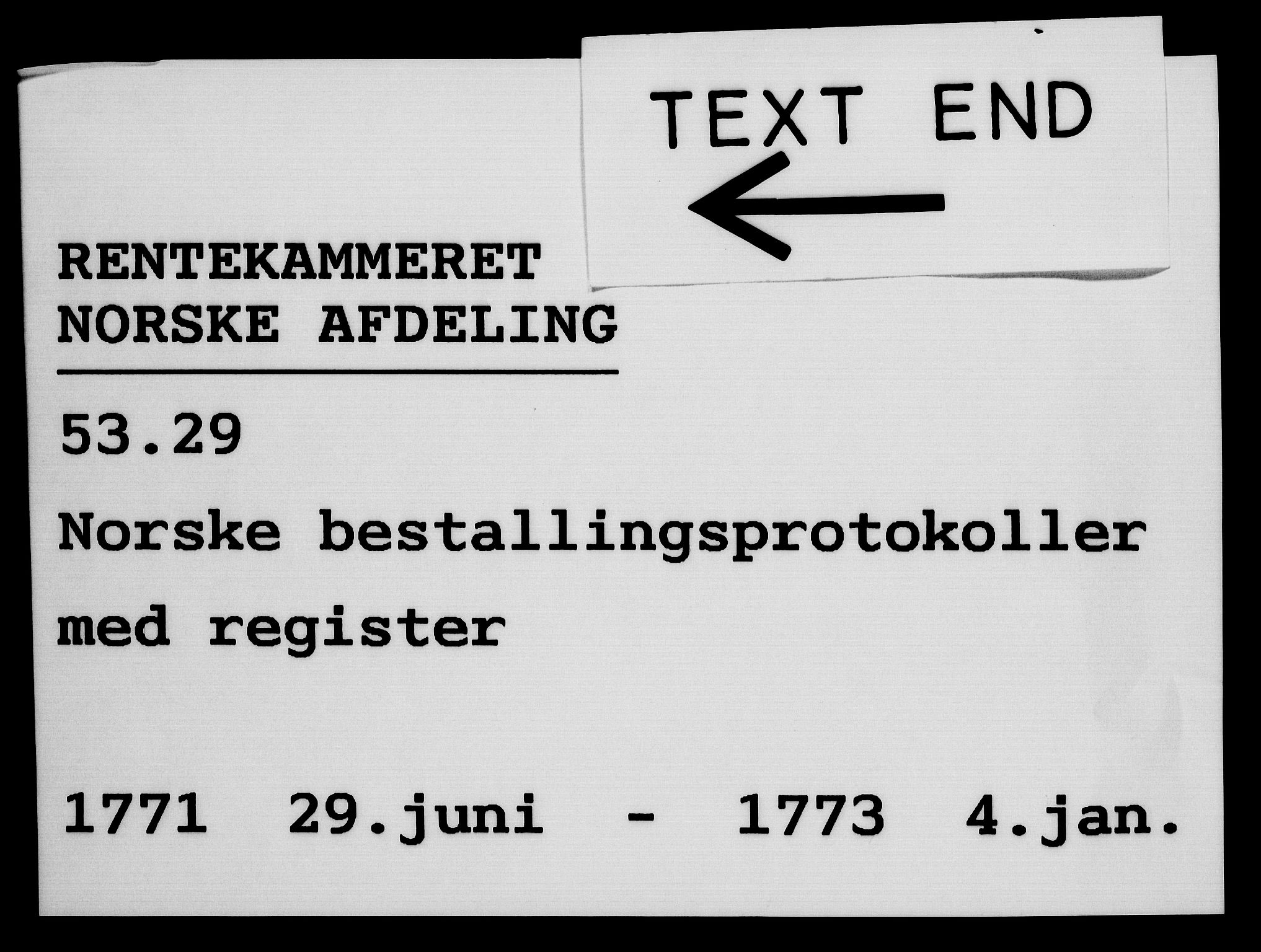 Rentekammeret, Kammerkanselliet, RA/EA-3111/G/Gg/Gge/L0005: Norsk bestallingsprotokoll med register (merket RK 53.29), 1771-1773