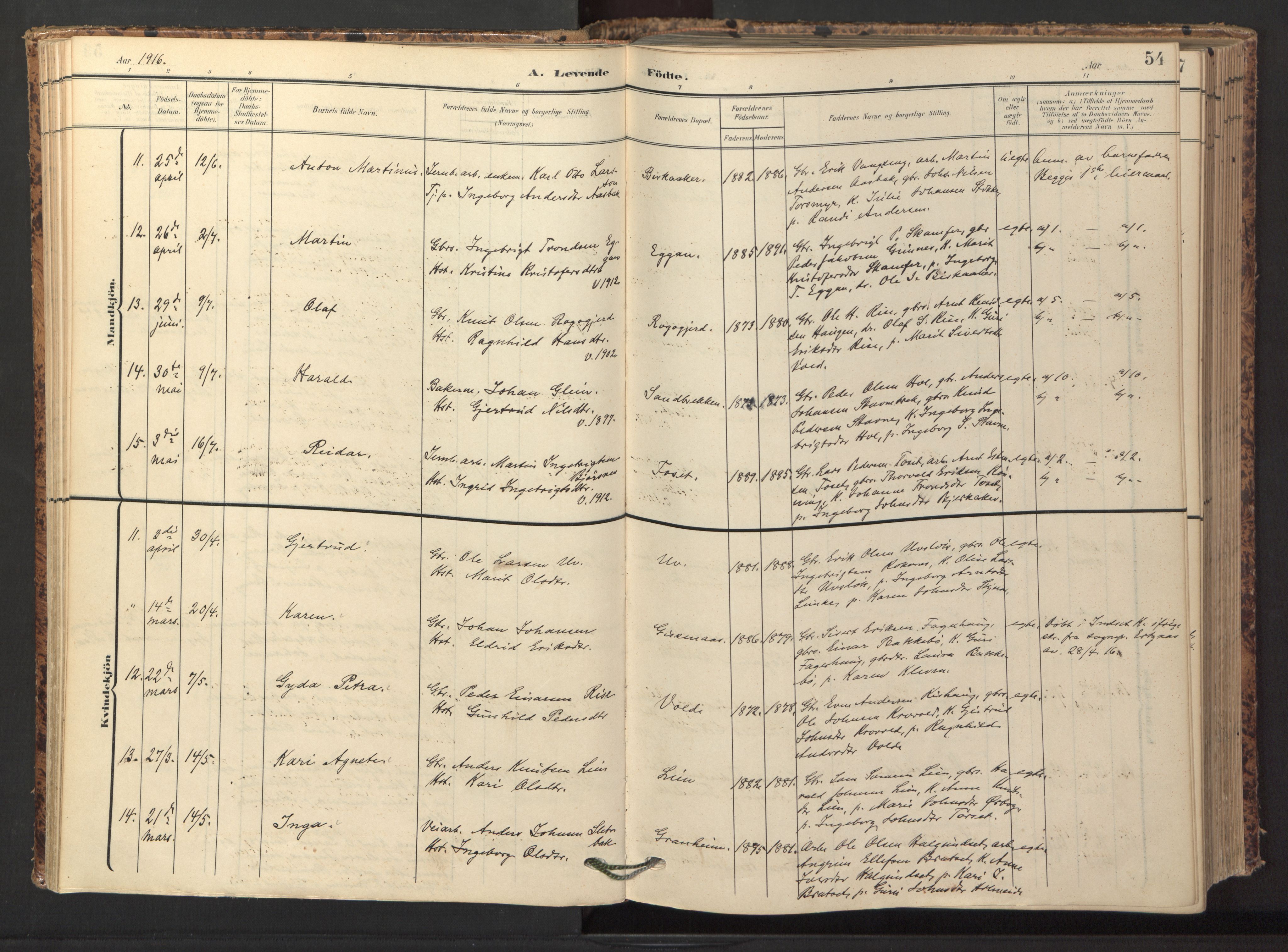 Ministerialprotokoller, klokkerbøker og fødselsregistre - Sør-Trøndelag, SAT/A-1456/674/L0873: Ministerialbok nr. 674A05, 1908-1923, s. 54