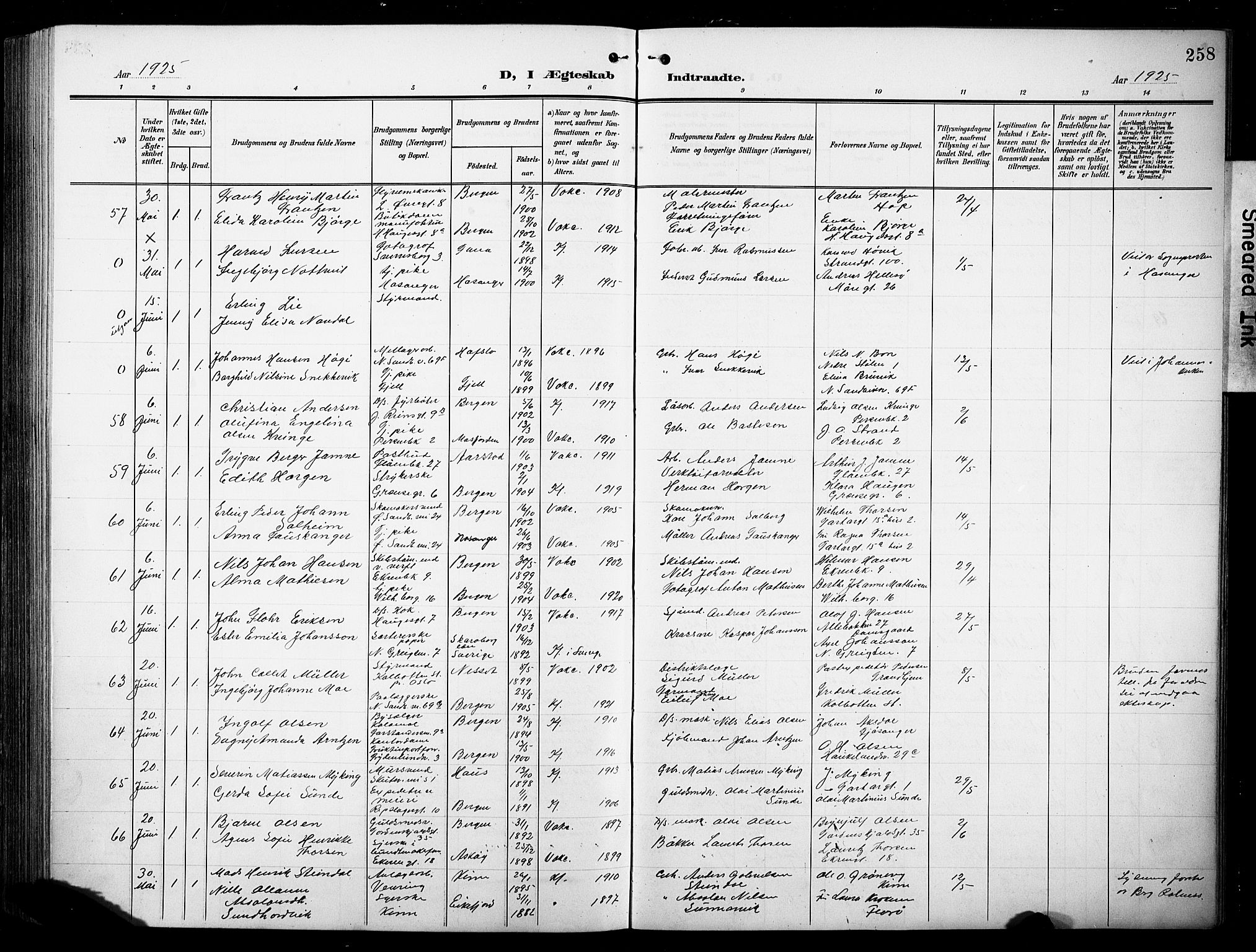 Sandviken Sokneprestembete, AV/SAB-A-77601/H/Hb/L0014: Klokkerbok nr. D 1, 1902-1929, s. 258