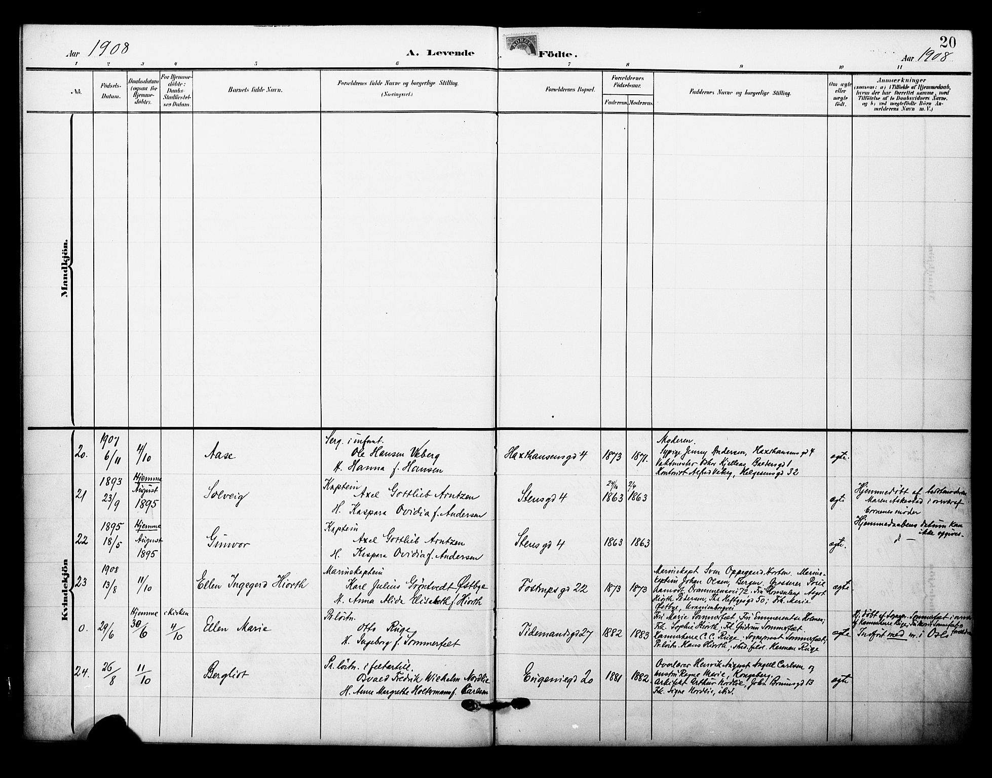 Garnisonsmenigheten Kirkebøker, AV/SAO-A-10846/F/Fa/L0014: Ministerialbok nr. 14, 1905-1914, s. 20