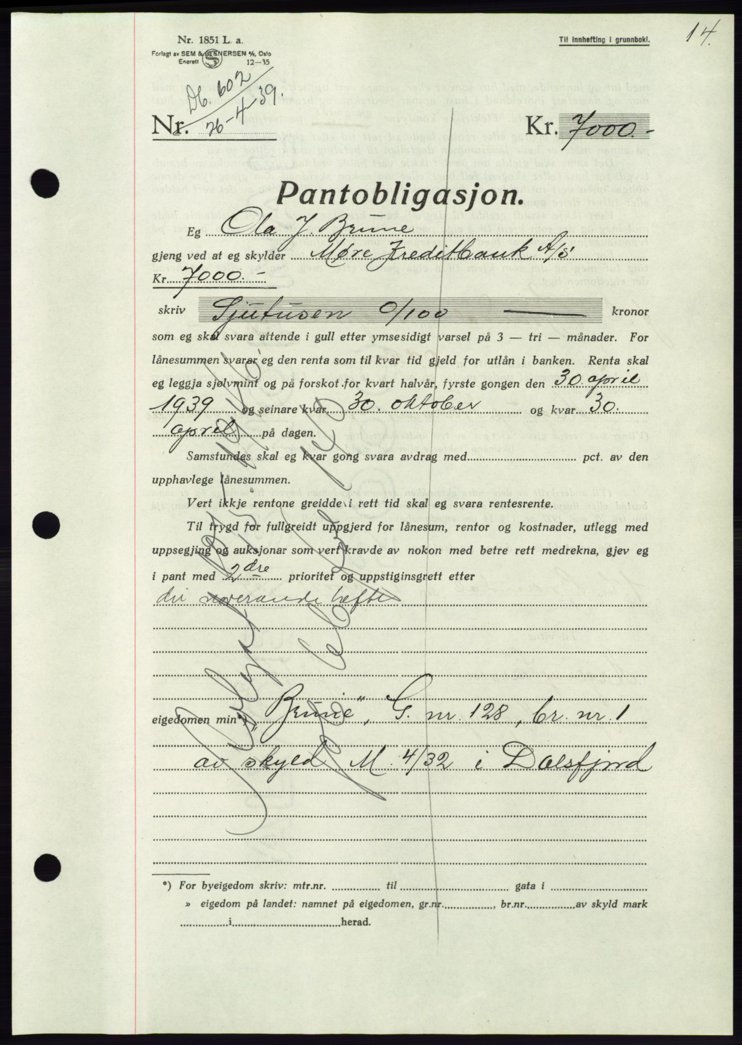 Søre Sunnmøre sorenskriveri, AV/SAT-A-4122/1/2/2C/L0068: Pantebok nr. 62, 1939-1939, Dagboknr: 602/1939