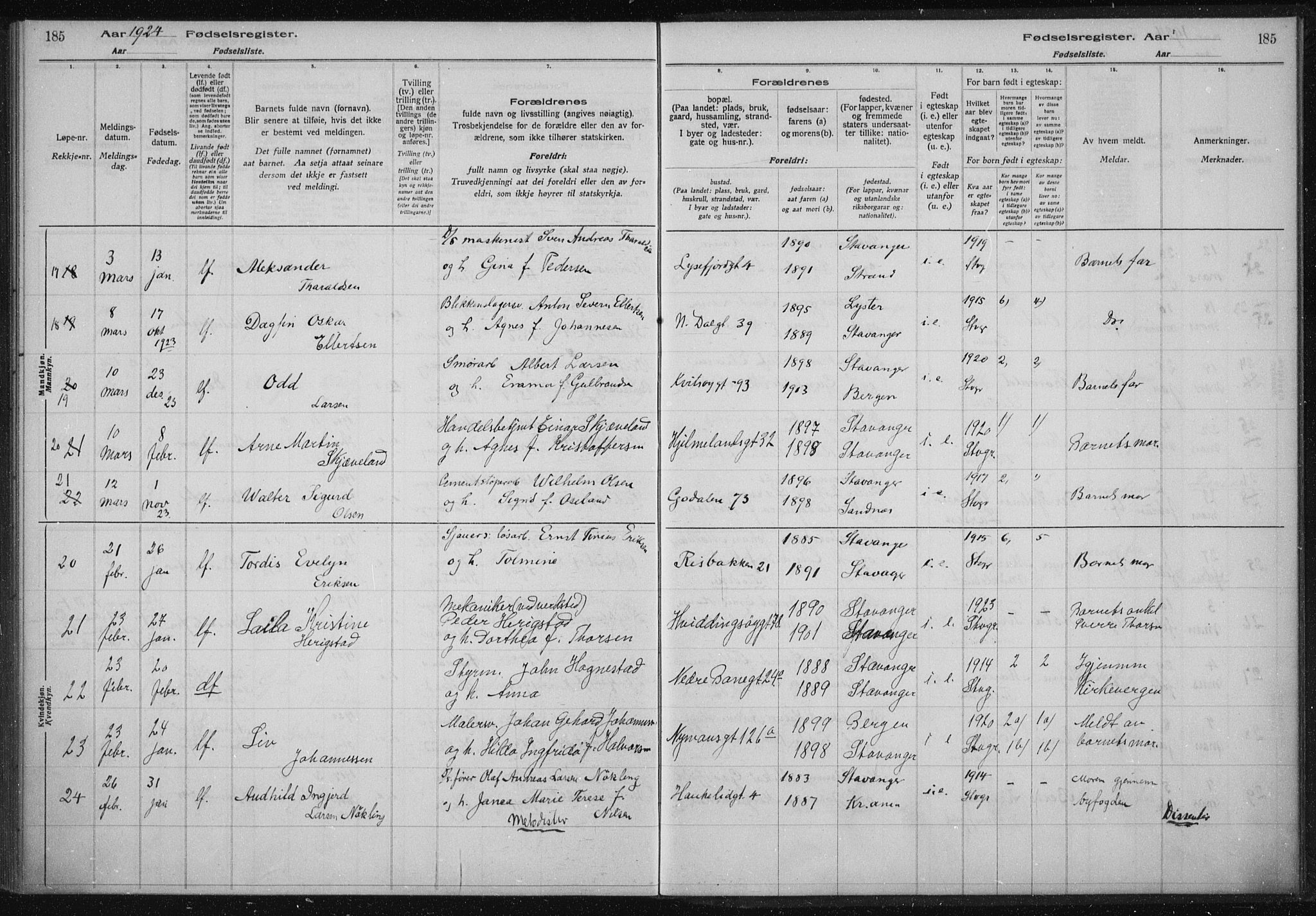 St. Johannes sokneprestkontor, AV/SAST-A-101814/002/A/L0002: Fødselsregister nr. 2, 1919-1924, s. 185