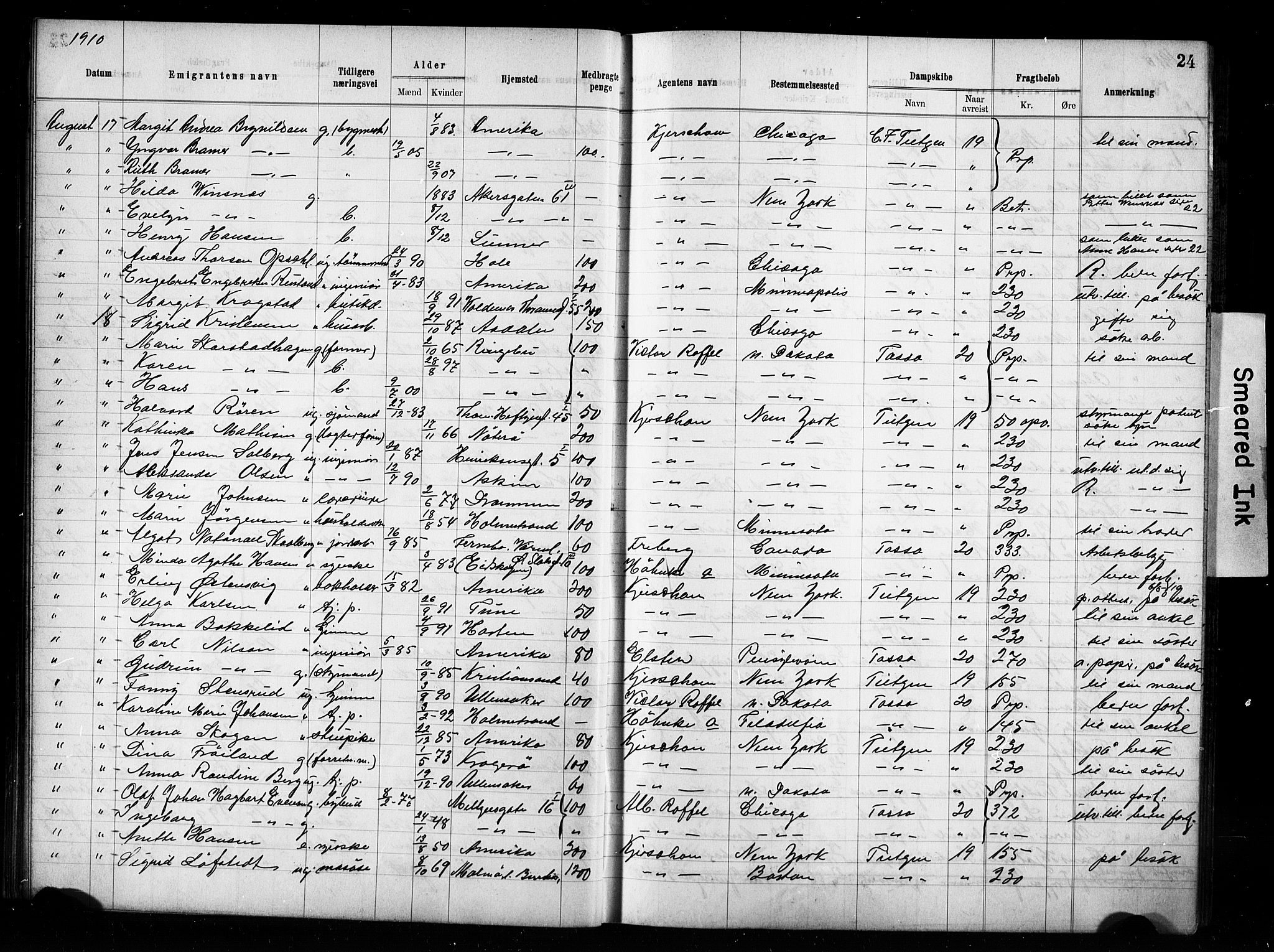 Oslo politidistrikt, AV/SAO-A-10085/E/Ee/Eef/L0029: Emigrantprotokoll, 1910-1913, s. 24