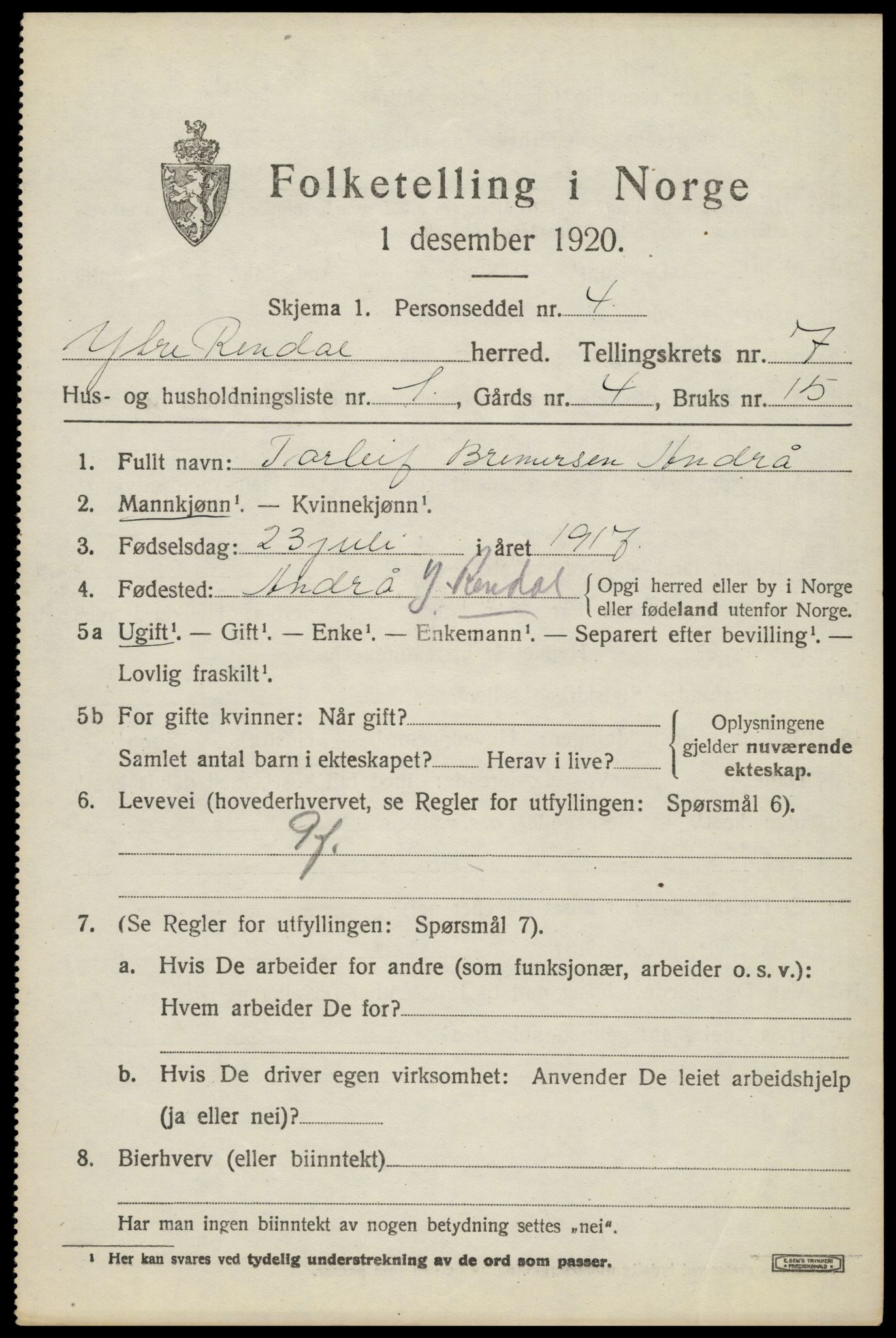 SAH, Folketelling 1920 for 0432 Ytre Rendal herred, 1920, s. 3651