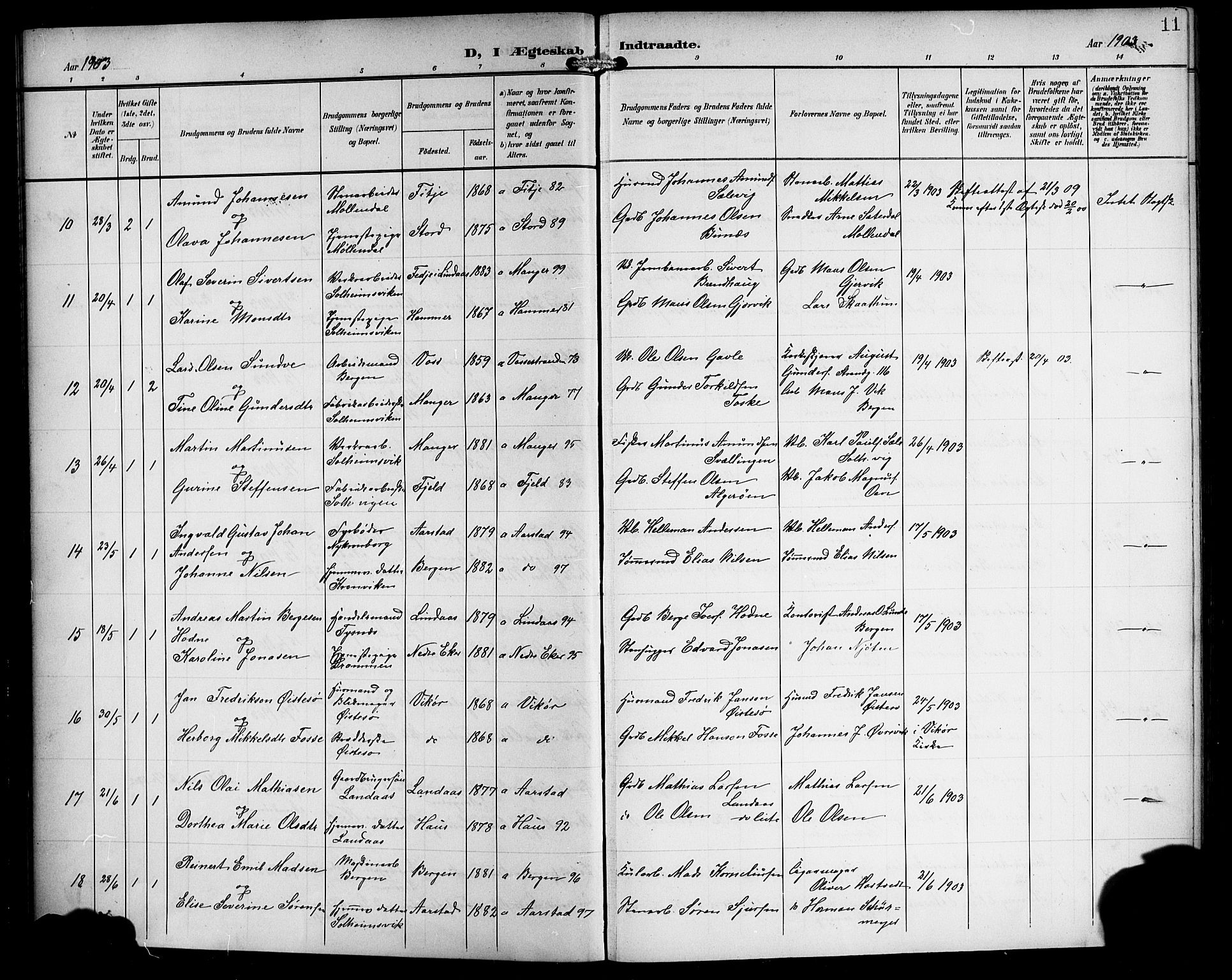 Årstad Sokneprestembete, AV/SAB-A-79301/H/Hab/L0018: Klokkerbok nr. C 1, 1902-1919, s. 11