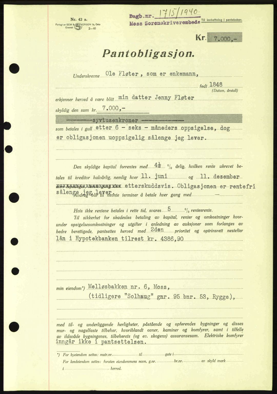 Moss sorenskriveri, SAO/A-10168: Pantebok nr. B10, 1940-1941, Dagboknr: 1715/1940
