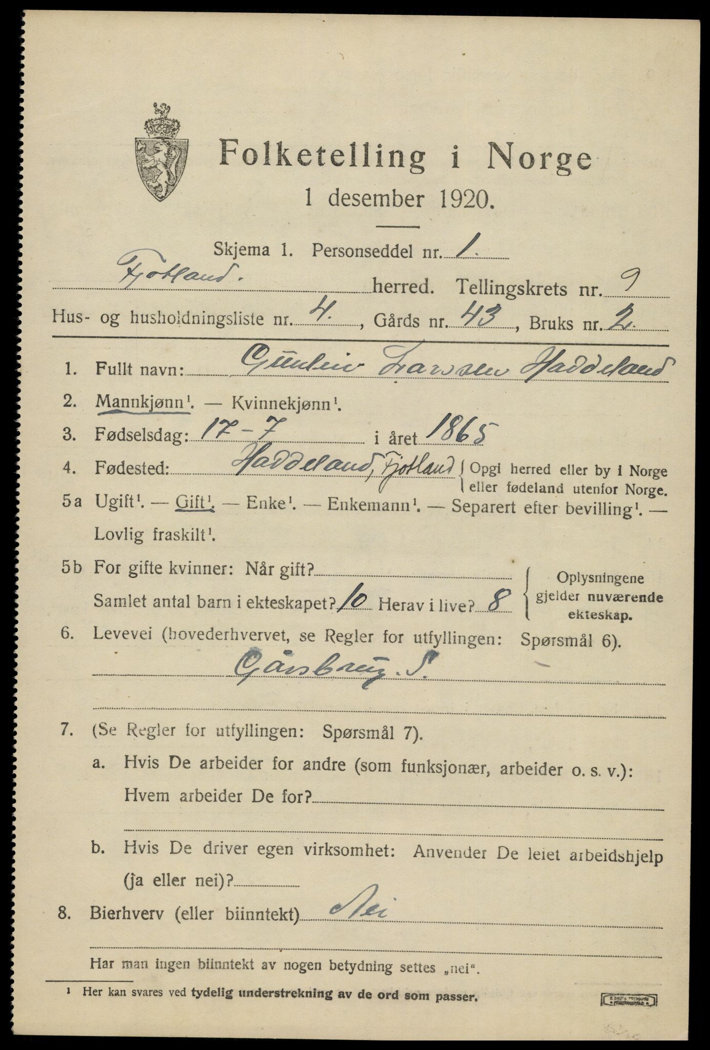 SAK, Folketelling 1920 for 1036 Fjotland herred, 1920, s. 2266