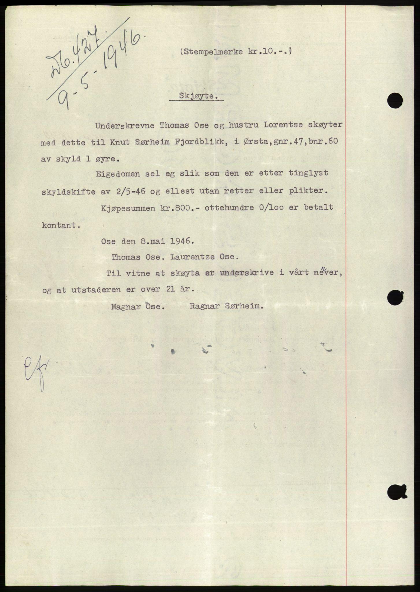 Søre Sunnmøre sorenskriveri, SAT/A-4122/1/2/2C/L0078: Pantebok nr. 4A, 1946-1946, Dagboknr: 427/1946