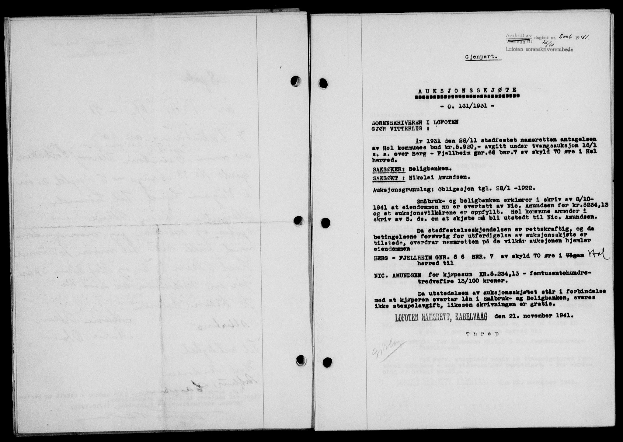 Lofoten sorenskriveri, SAT/A-0017/1/2/2C/L0009a: Pantebok nr. 9a, 1941-1942, Dagboknr: 2006/1941