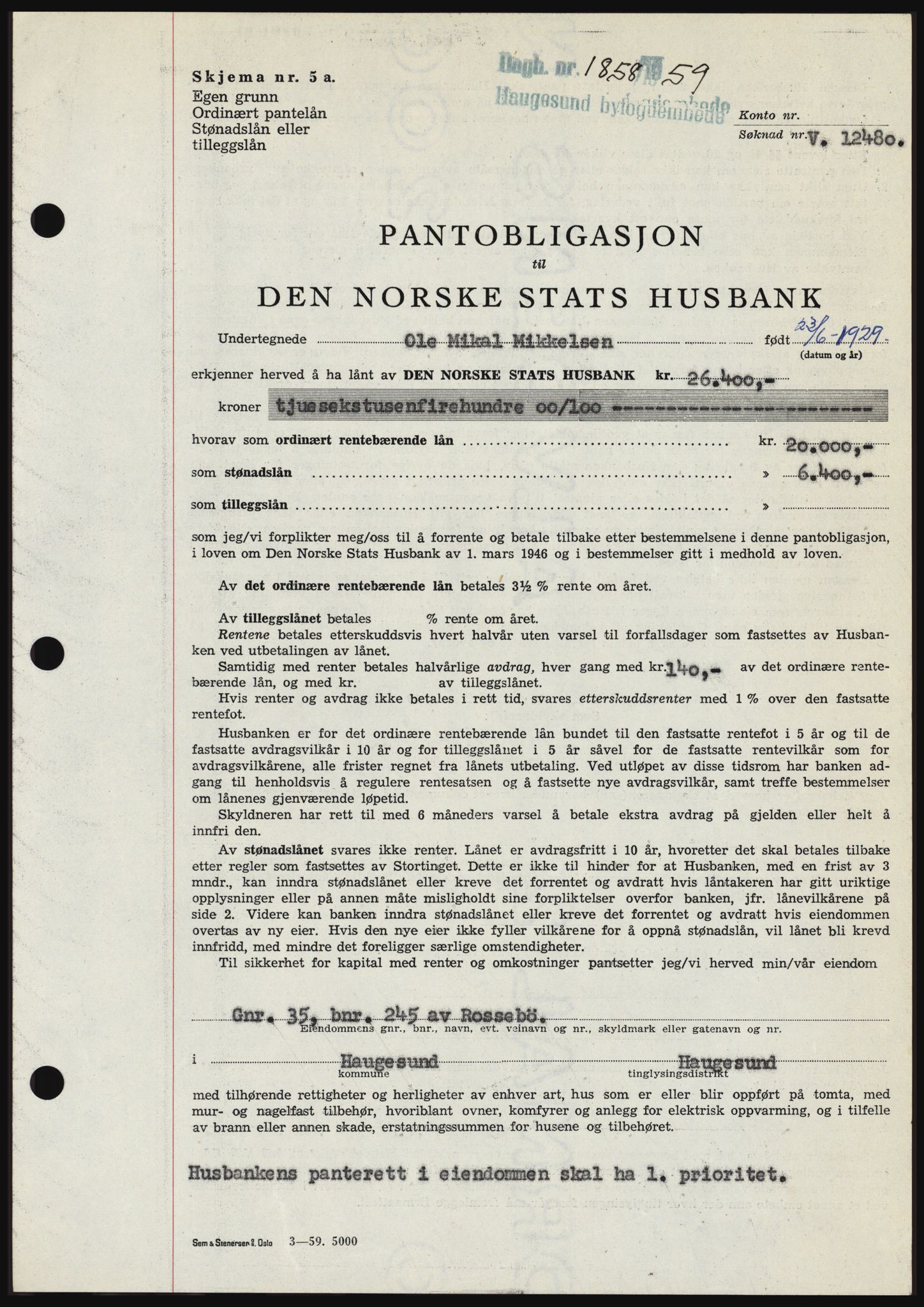 Haugesund tingrett, SAST/A-101415/01/II/IIC/L0045: Pantebok nr. B 45, 1959-1959, Dagboknr: 1858/1959