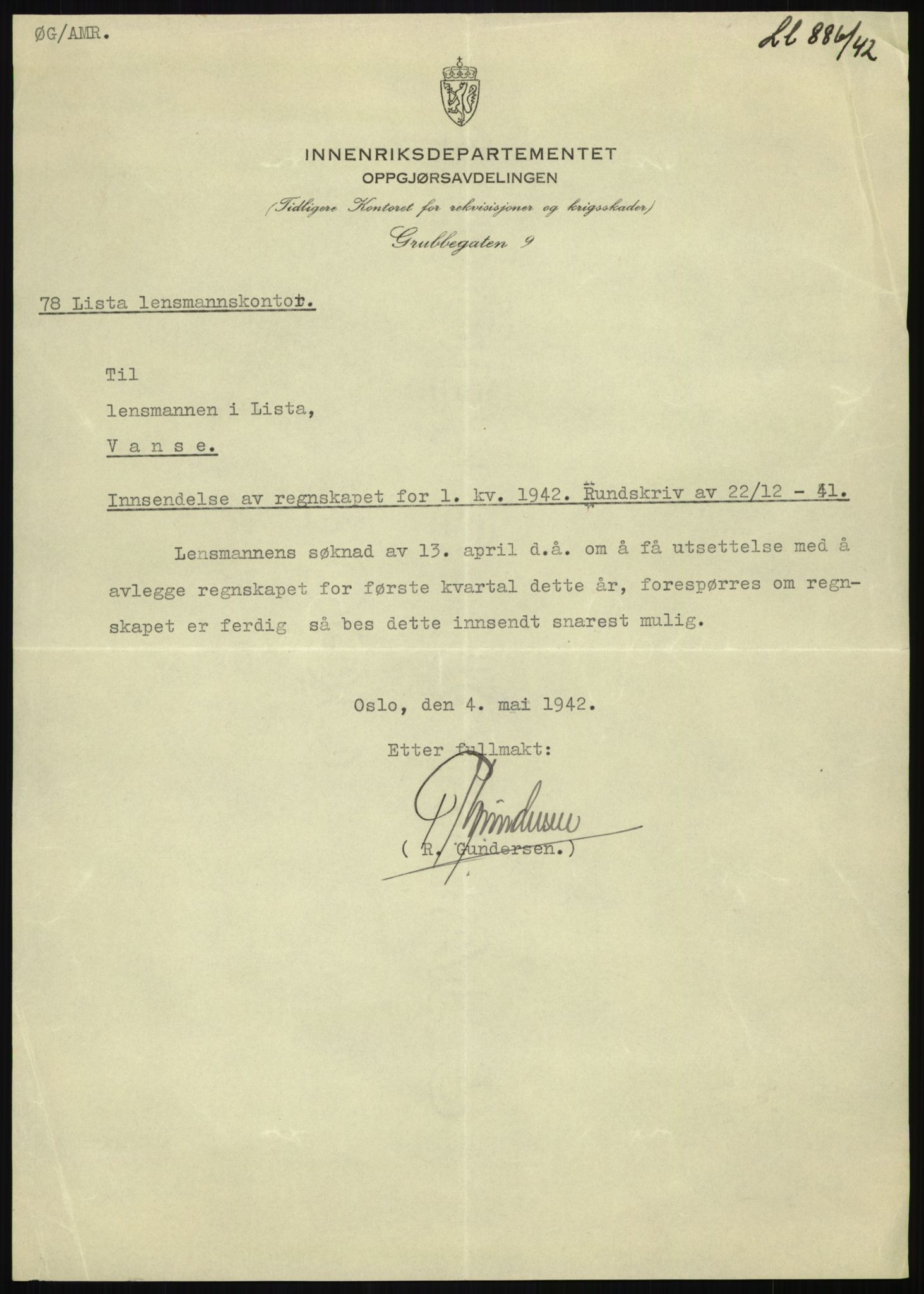 Forsvarsdepartementet, 10. kontor / Oppgjørskontoret, AV/RA-RAFA-1225/D/Db/L0180: Lista oppgjørskontor, 1942-1952, s. 1037