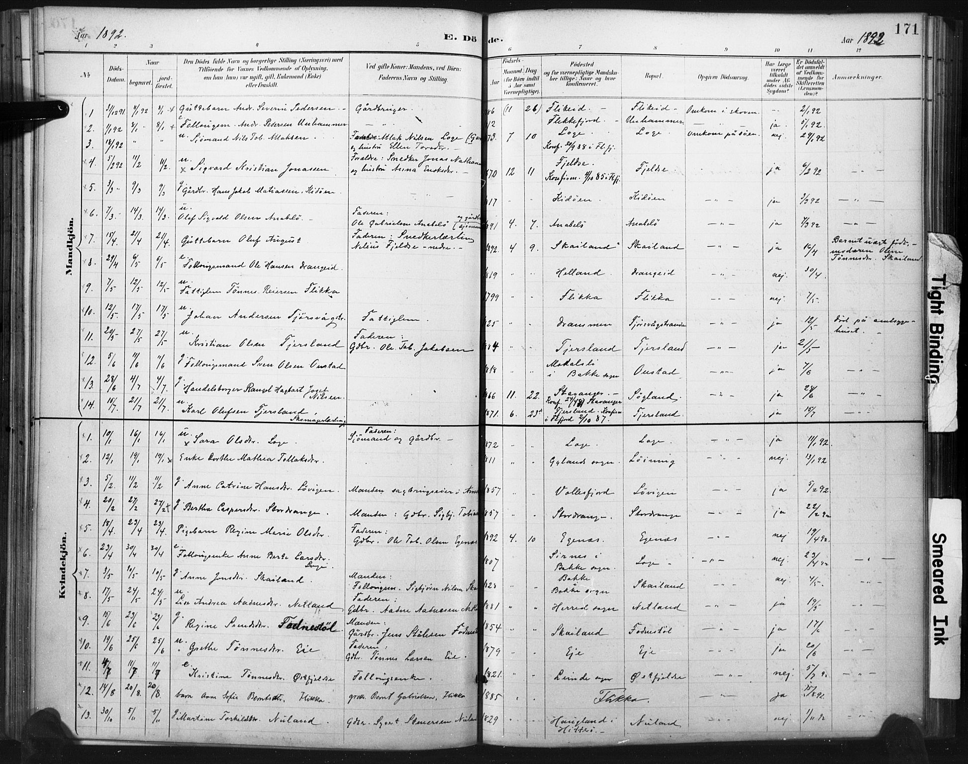 Flekkefjord sokneprestkontor, AV/SAK-1111-0012/F/Fa/Fac/L0008: Ministerialbok nr. A 8, 1885-1898, s. 171