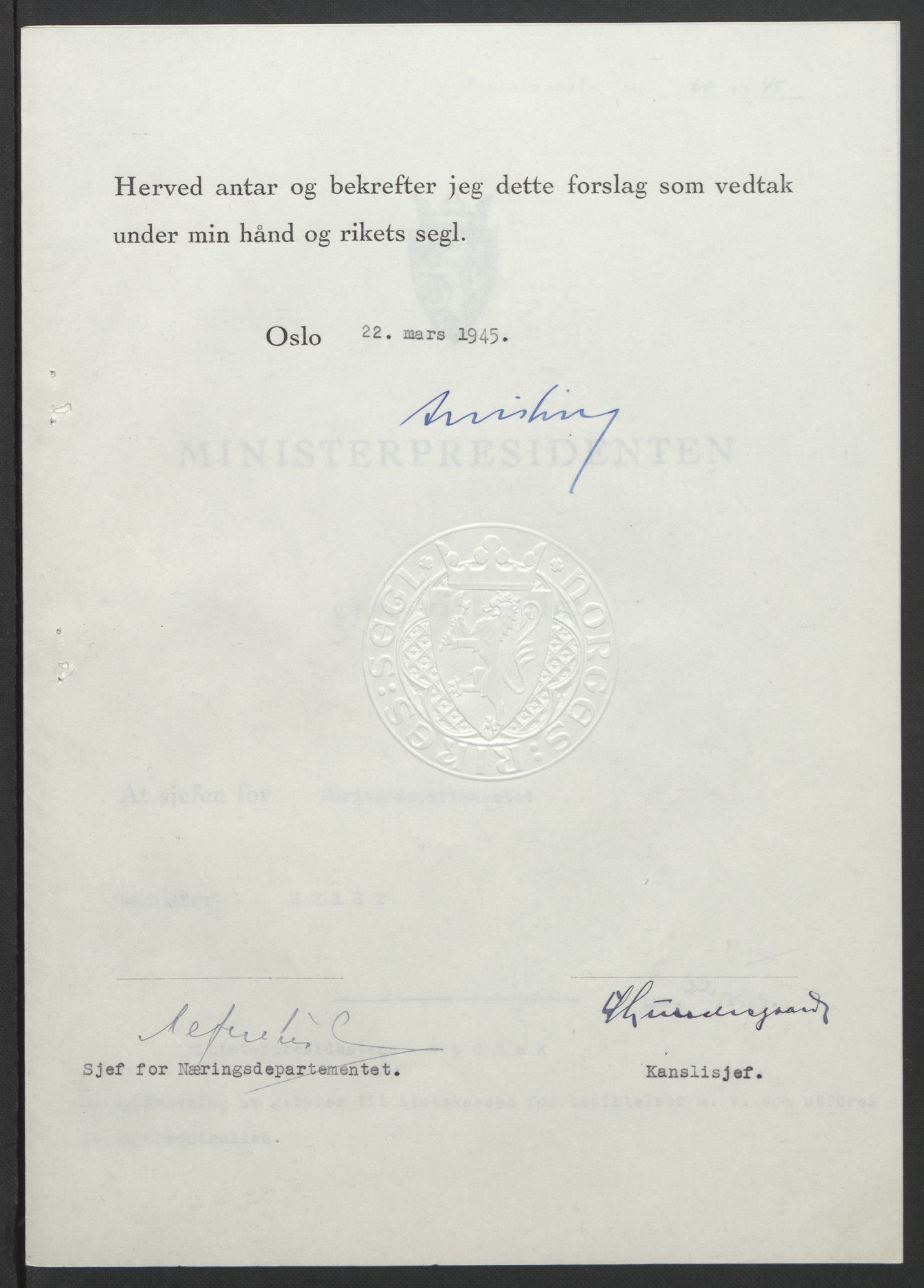 NS-administrasjonen 1940-1945 (Statsrådsekretariatet, de kommisariske statsråder mm), AV/RA-S-4279/D/Db/L0101/0001: -- / Lover og vedtak, 1945, s. 223