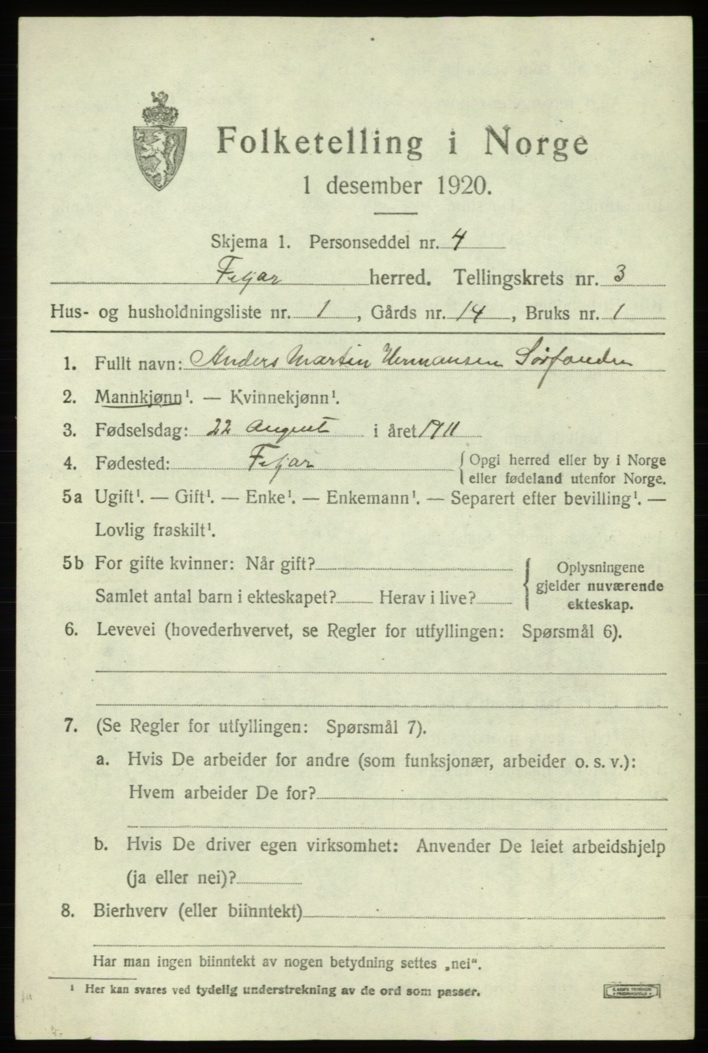 SAB, Folketelling 1920 for 1222 Fitjar herred, 1920, s. 2052