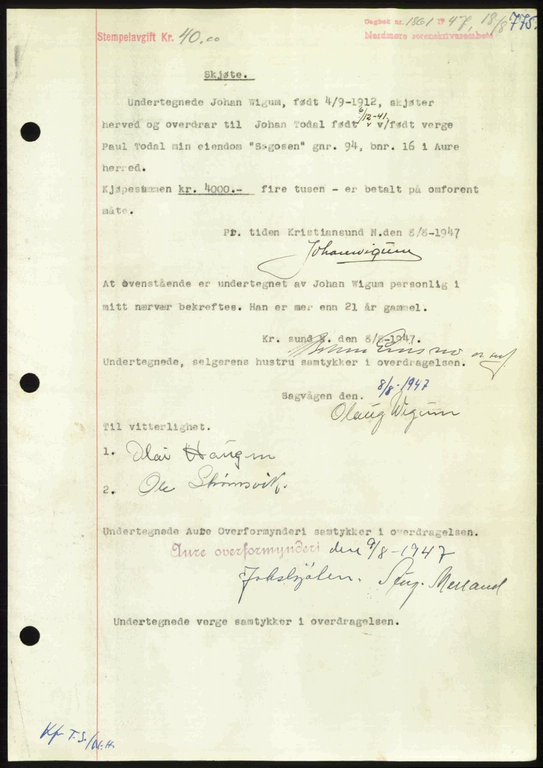 Nordmøre sorenskriveri, AV/SAT-A-4132/1/2/2Ca: Pantebok nr. A105, 1947-1947, Dagboknr: 1861/1947