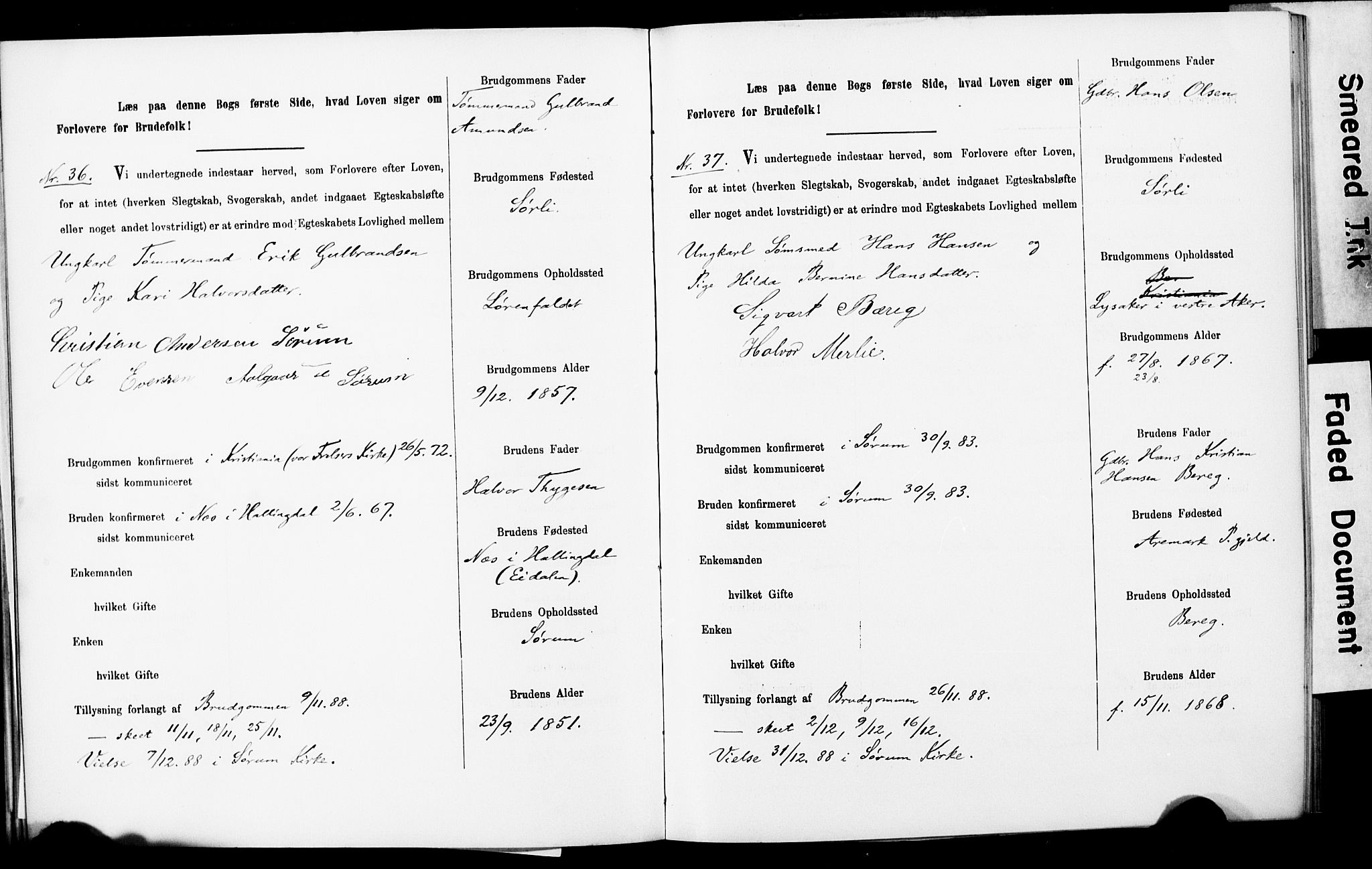 Sørum prestekontor Kirkebøker, AV/SAO-A-10303/H/Ha/L0001: Lysningsprotokoll nr. 1, 1887-1890