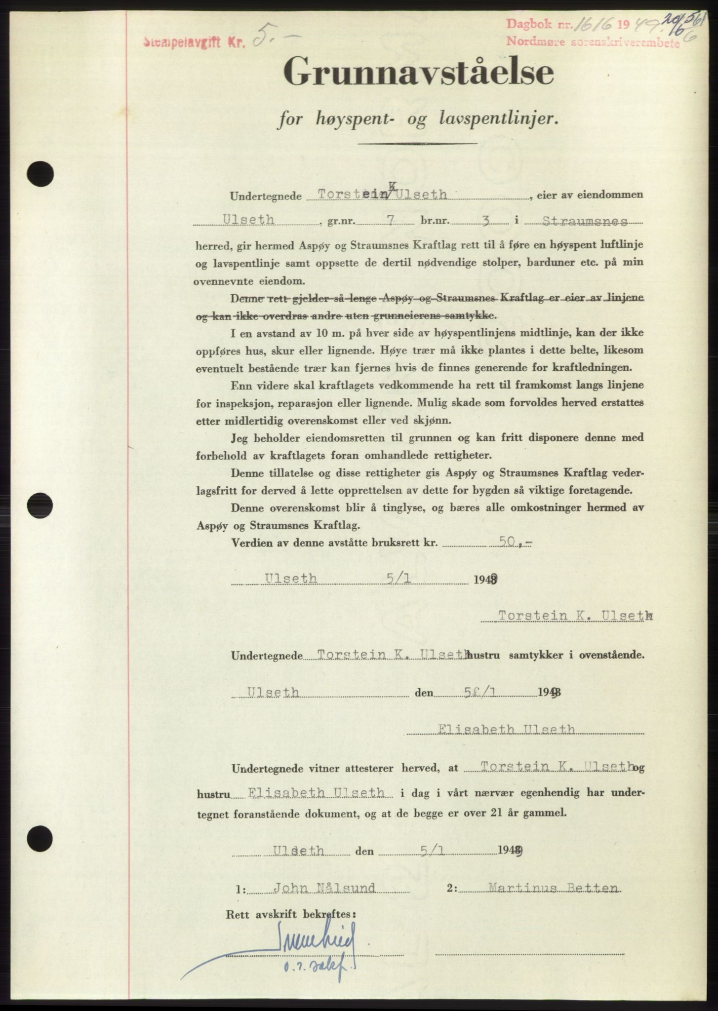 Nordmøre sorenskriveri, SAT/A-4132/1/2/2Ca: Pantebok nr. B101, 1949-1949, Dagboknr: 1616/1949